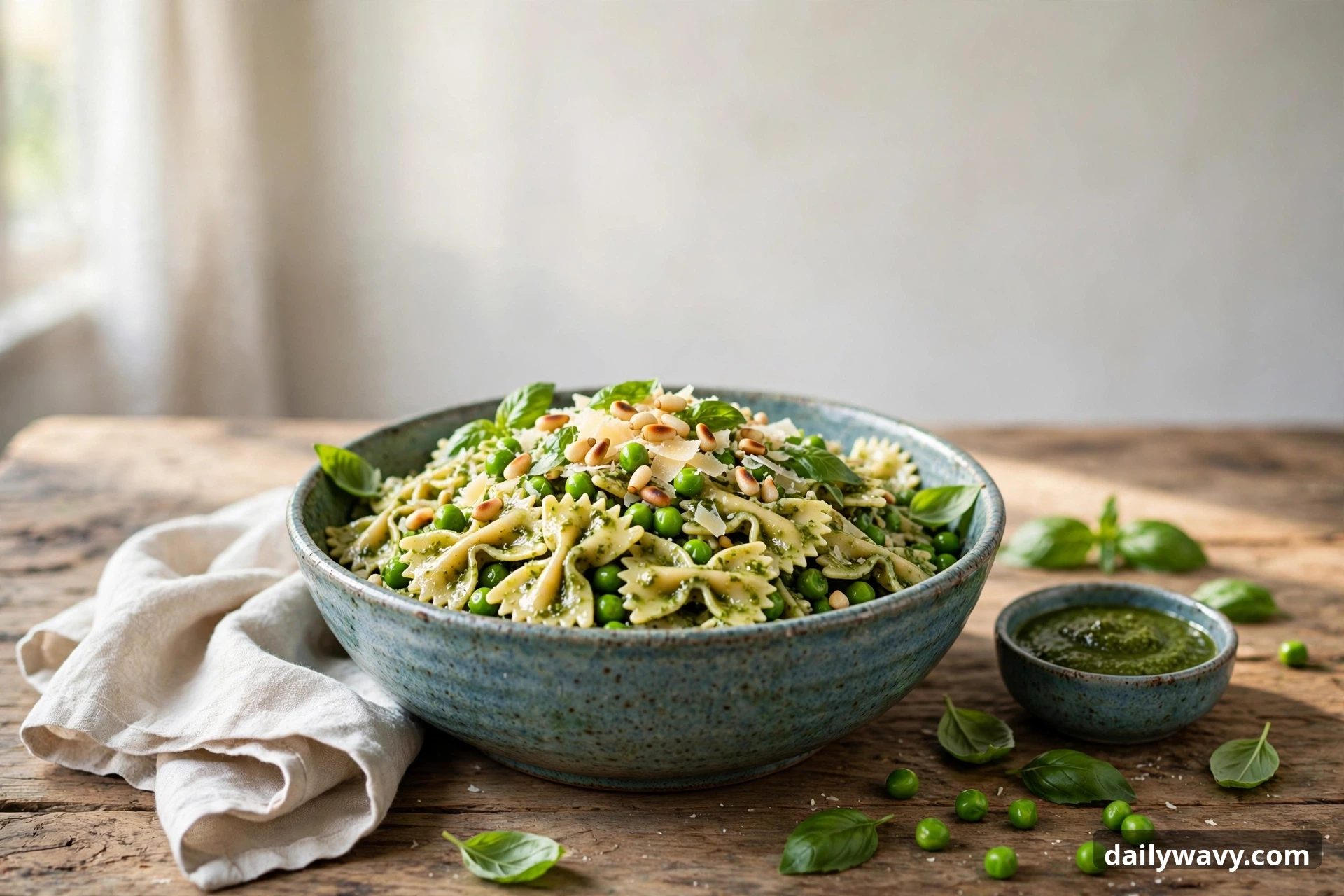 Pesto pasta salad shown in a complete styled scene