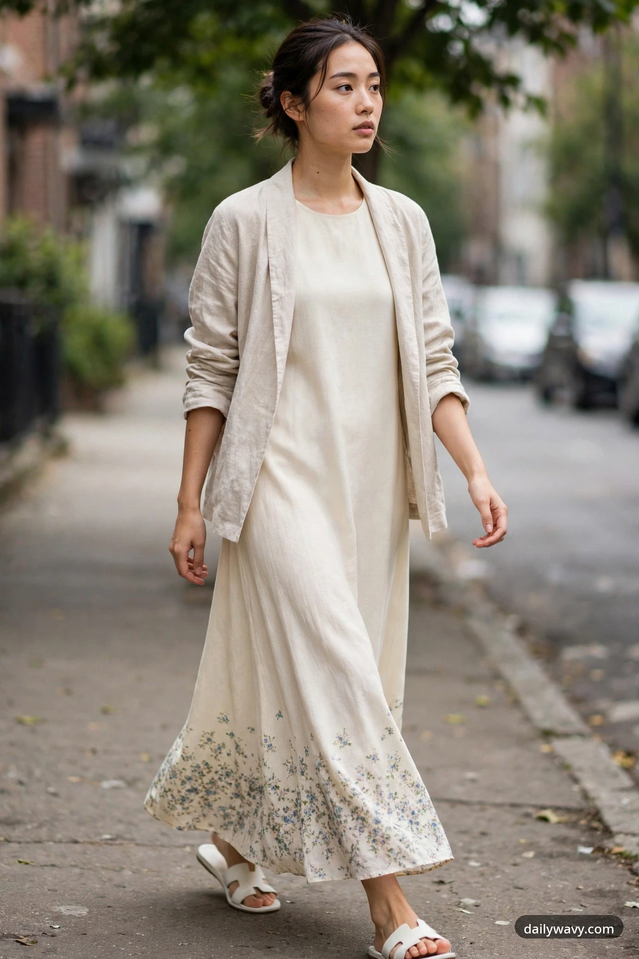 A petite woman walks along a sidewalk wearing a cream sleeveless maxi dress with a floral border print at the hem, an open oatmeal linen jacket and white slide sandals.