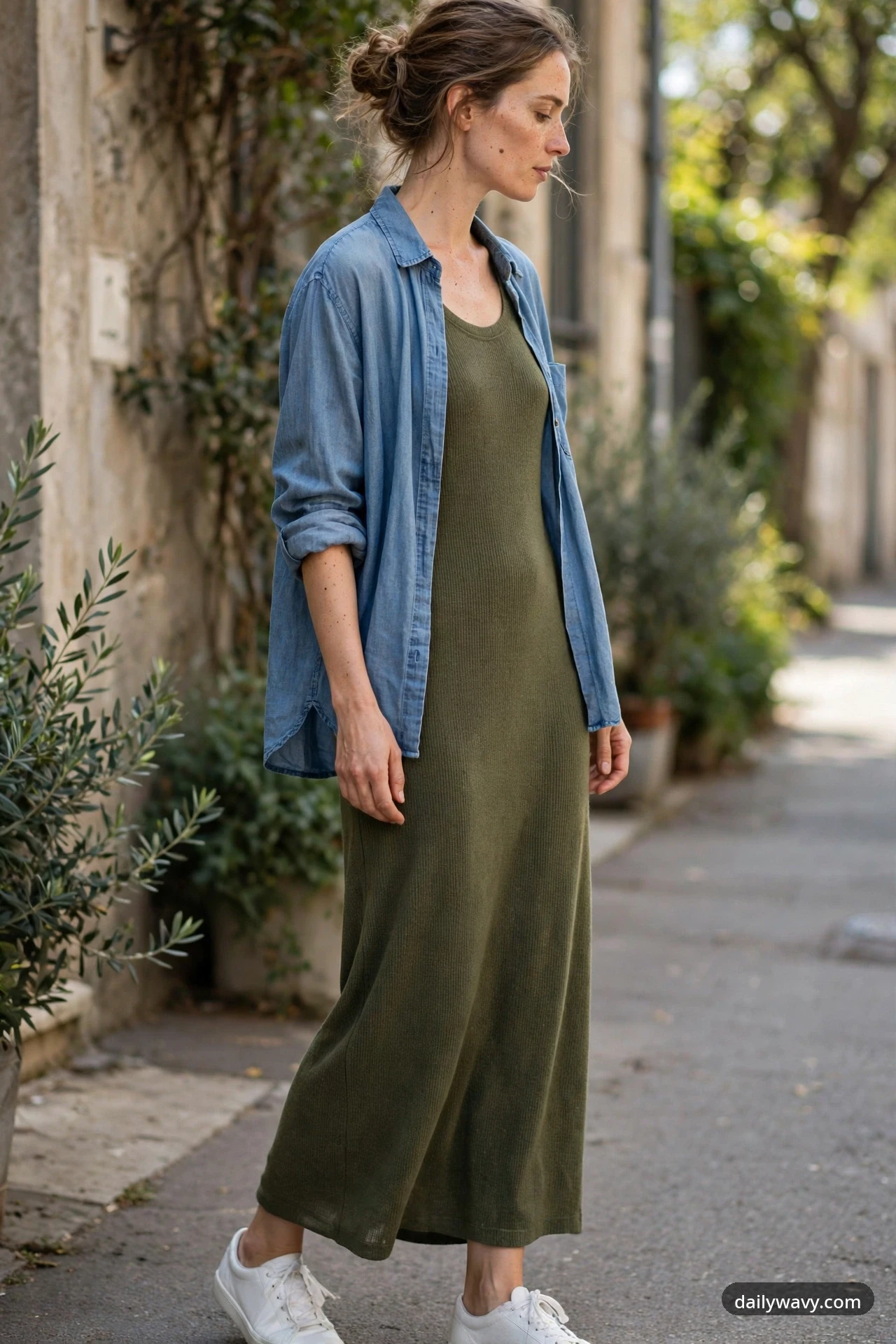 A petite woman stands on a garden path wearing an olive column knit maxi dress with an open chambray shirt and white sneakers.