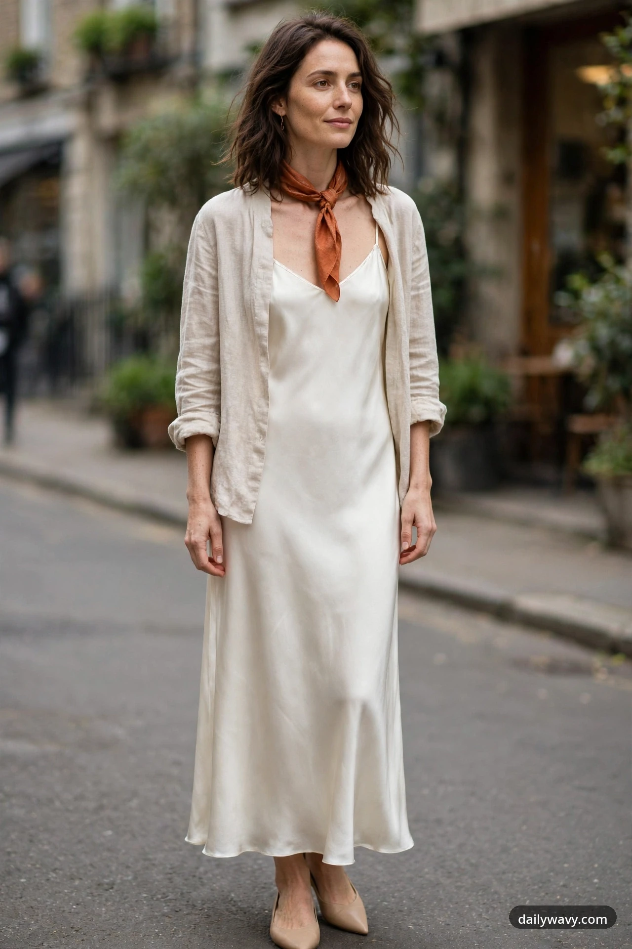 A petite woman stands on a street wearing an ivory strappy slip maxi dress with a soft oatmeal linen overshirt worn open, a rust silk scarf knotted at the neck and pointed nude flats.