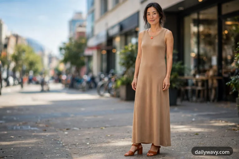 Wide view of a petite woman standing on a city street wearing a sleeveless camel jersey maxi dress with a ribbed texture, a coral pendant necklace and cognac block-heel sandals.