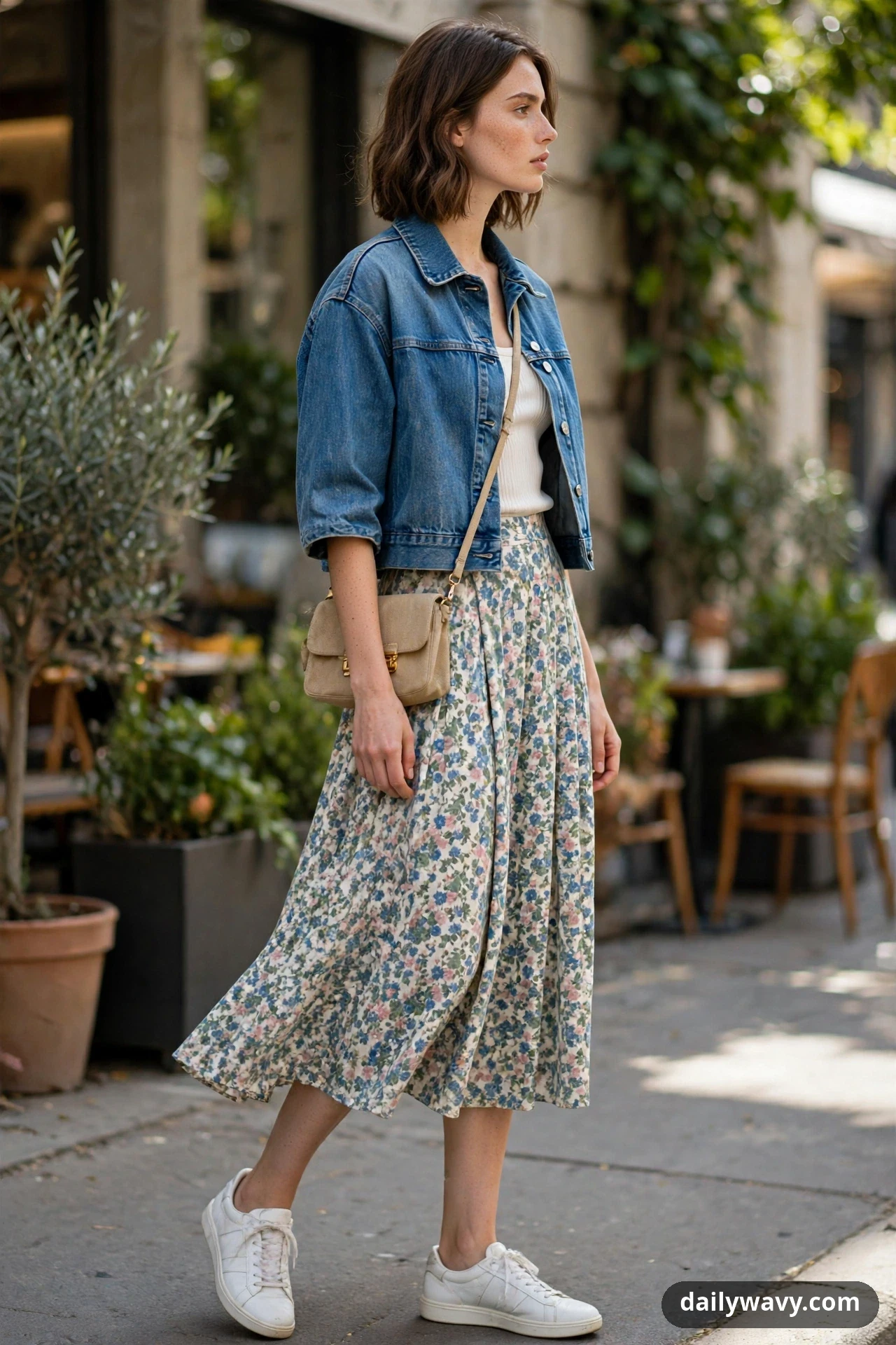 A woman walks along a cafe-lined street wearing a cropped denim jacket over an ecru ribbed tank and a small-scale floral midi skirt with white sneakers and a beige crossbody bag