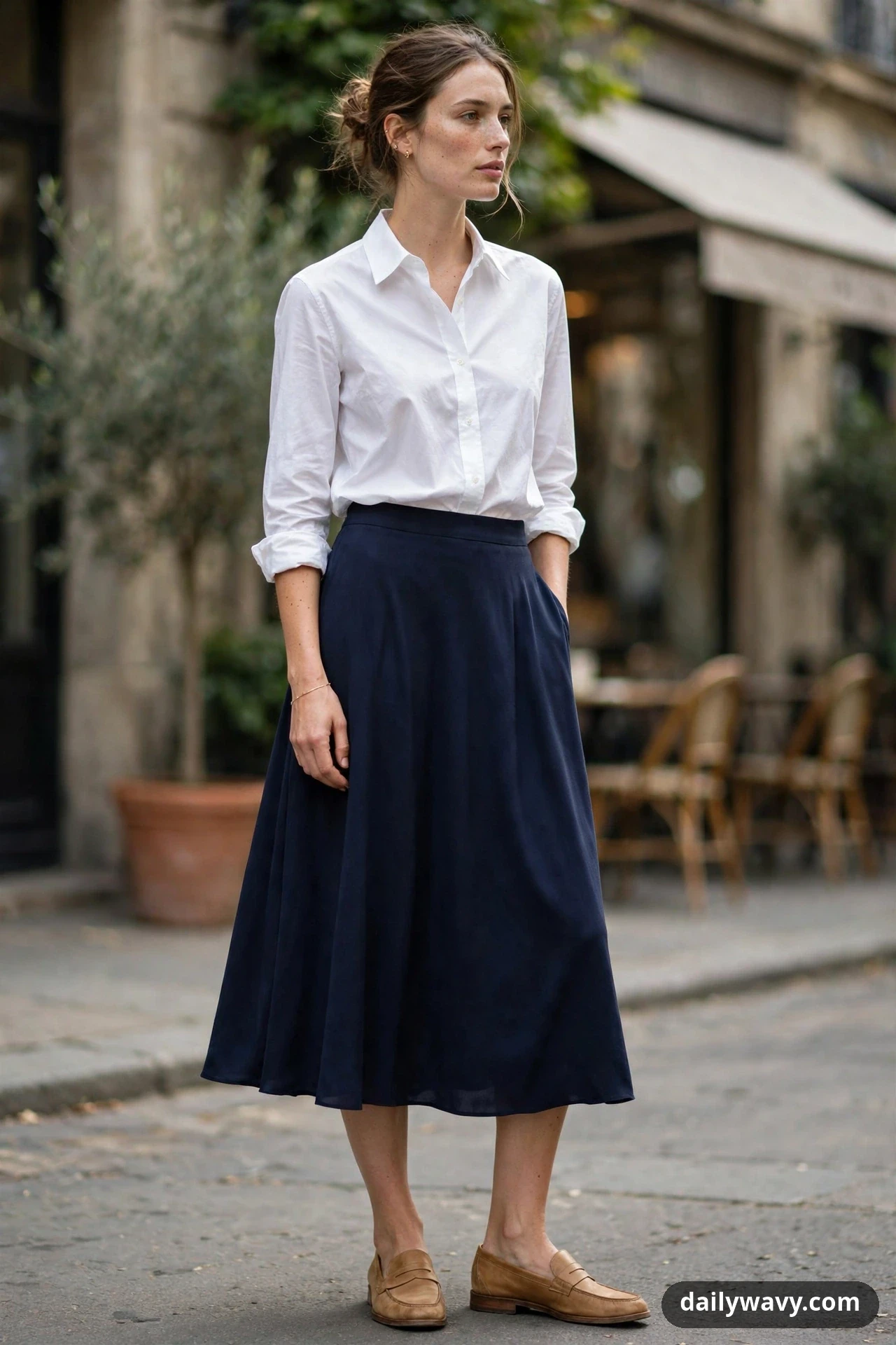 A woman stands outdoors wearing a white oxford shirt with rolled sleeves tucked into a navy midi skirt with tan loafers and a thin gold bracelet