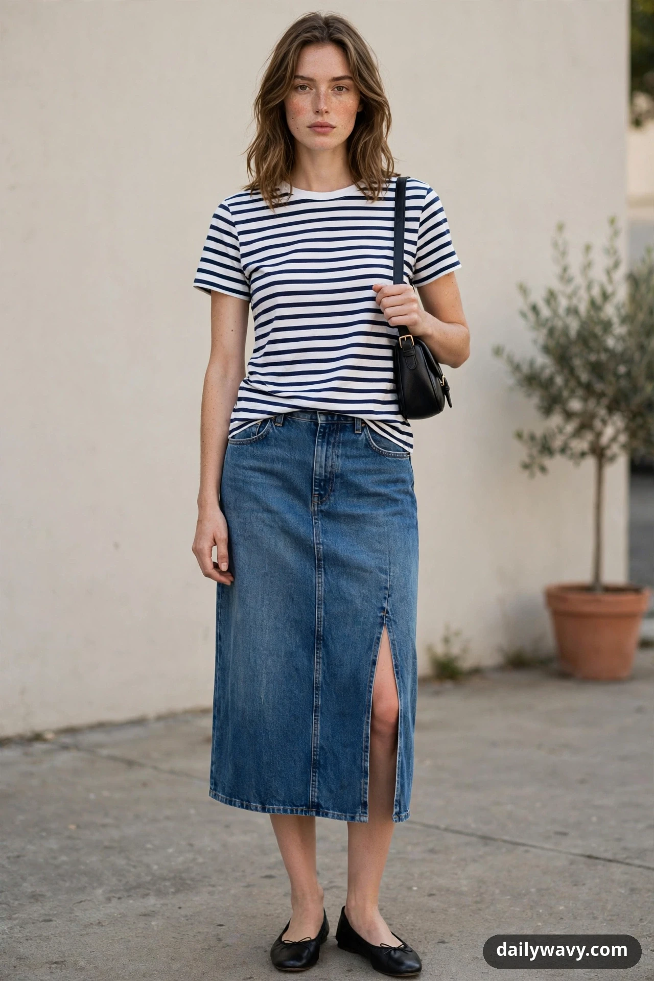 A woman stands against a pale wall wearing a navy-and-white striped tee with a denim midi skirt that has a front slit, a compact black shoulder bag and black ballet flats