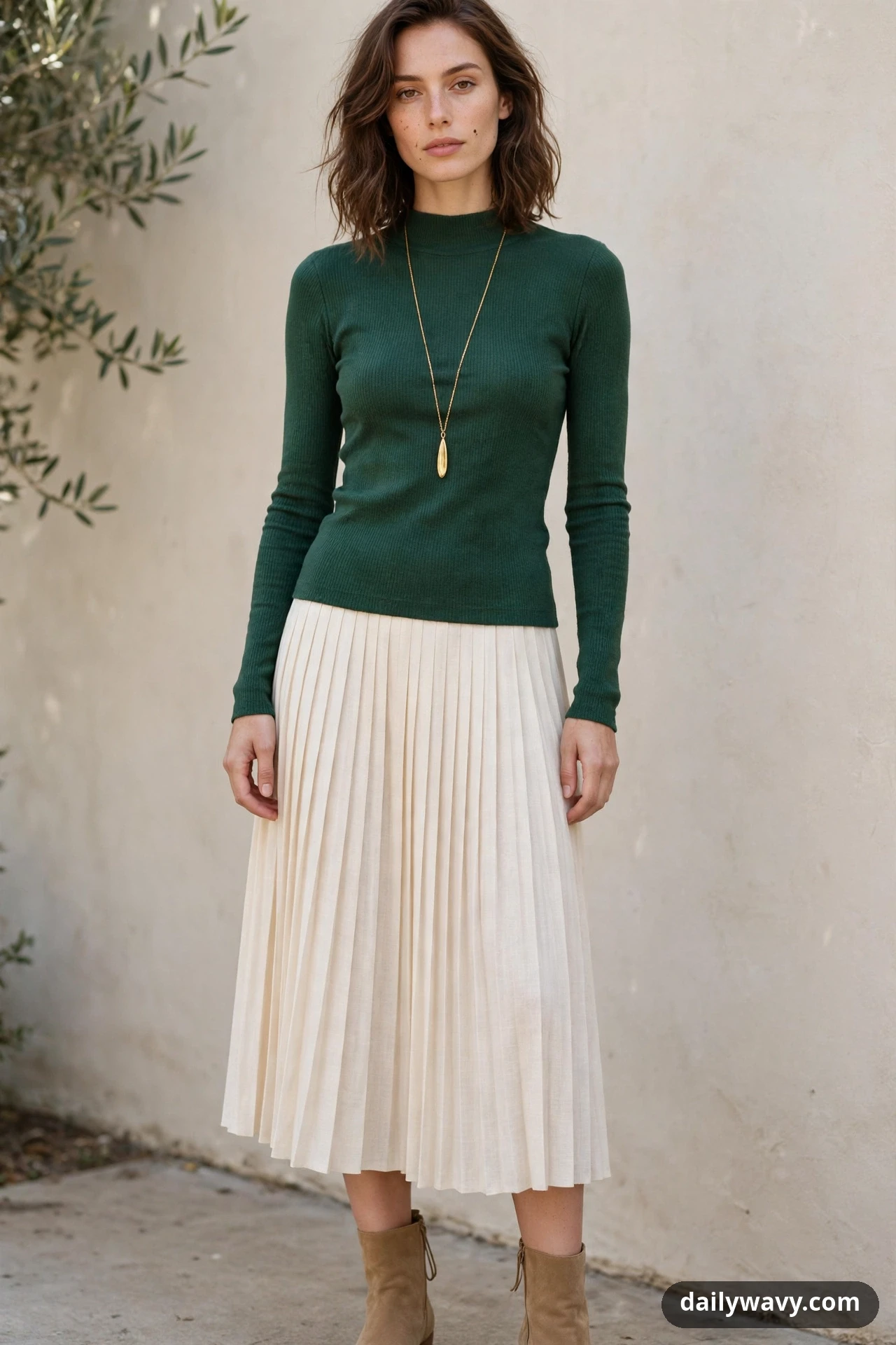 A woman stands against a pale wall wearing a forest-green mock-neck top with a long gold pendant necklace and an ivory pleated midi skirt with tan suede ankle boots