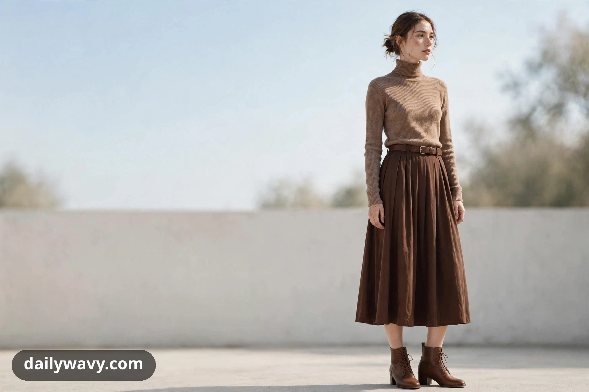 A woman stands outdoors against a pale wall wearing a fitted taupe ribbed turtleneck tucked into a full chocolate-brown pleated midi skirt with a slim brown belt and brown lace-up ankle boots