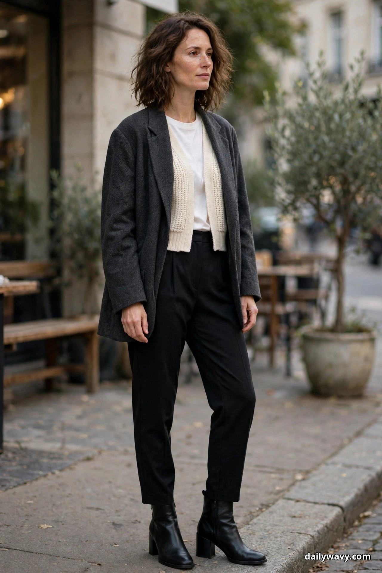 A woman stands full length on a sidewalk wearing an oversized charcoal blazer open over a cropped cream knit cardigan and a white tee, with high-waisted black trousers and black block-heel ankle boots