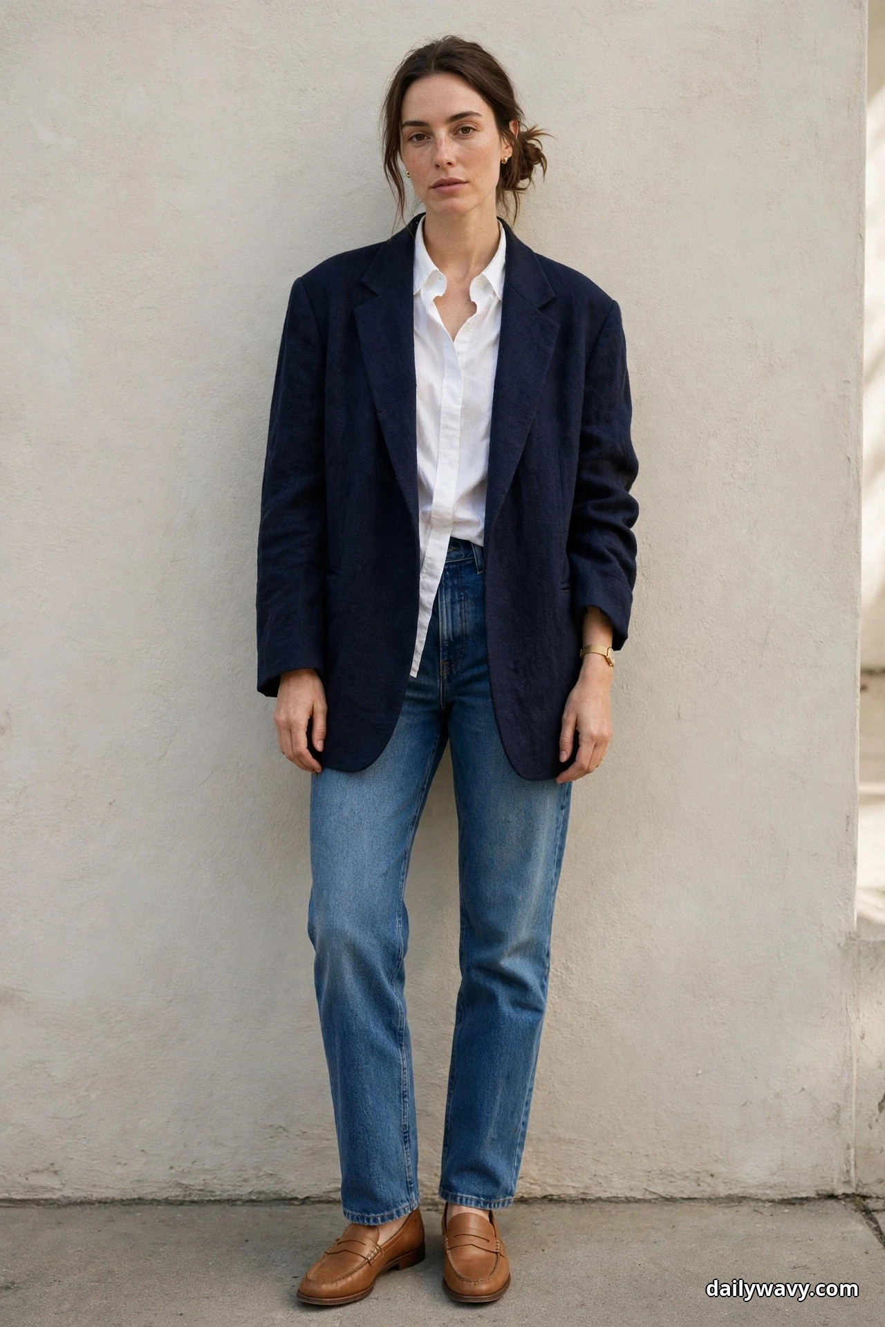 A woman stands full length against a plain wall wearing an oversized navy blazer open over a white collared shirt, with medium-wash straight jeans, tan loafers, small gold stud earrings and a slim gold watch