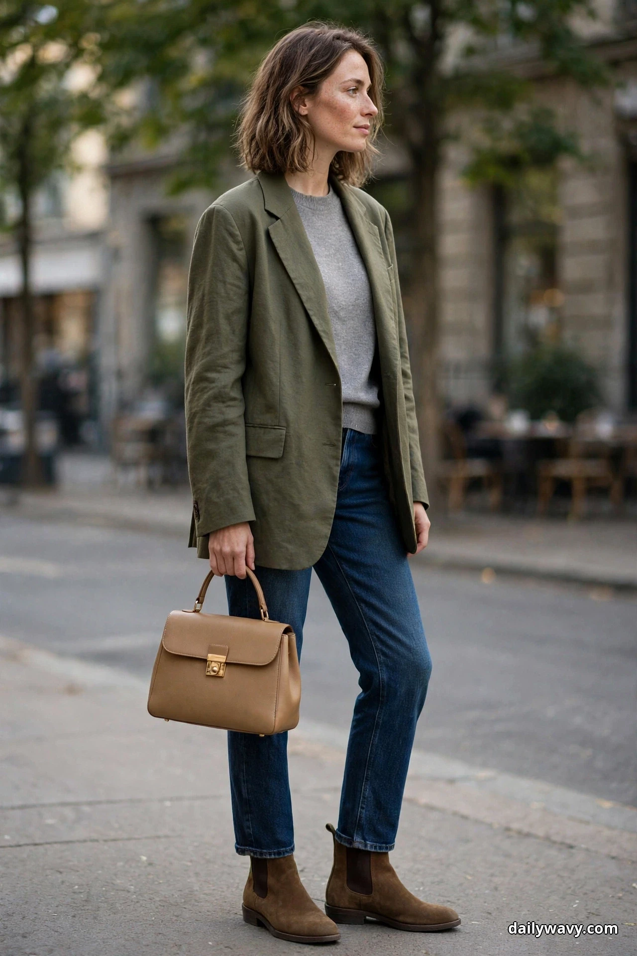 A woman stands in a slight turn on a city street wearing an oversized olive blazer open over a plain gray crewneck knit, with dark straight jeans, brown suede ankle boots and a structured tan top-handle bag carried in her hand