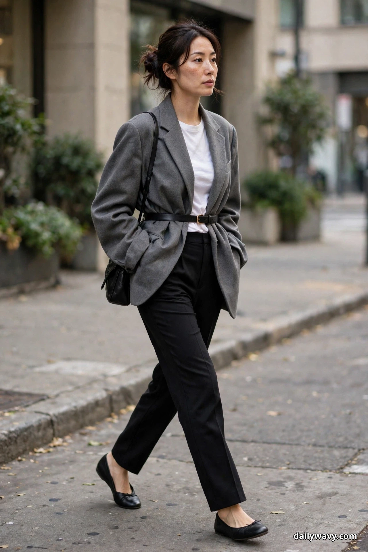 A woman walks along a city street wearing an oversized gray blazer cinched with a slim black belt over a white tee, with high-waisted black trousers, plain black ballet flats and a small black shoulder bag