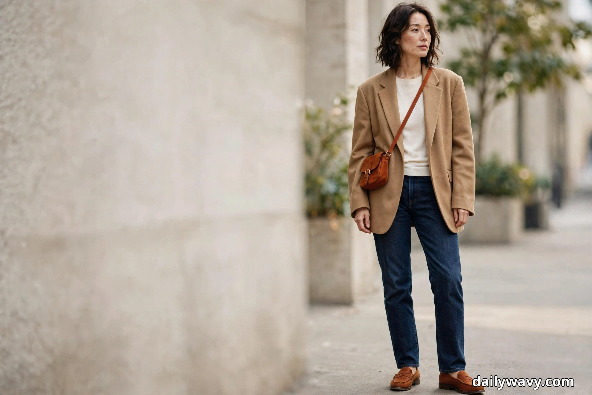 A woman stands full length on a city sidewalk wearing an oversized camel blazer open over an ivory knit top with dark indigo straight jeans, a small rust crossbody bag worn high on her torso, and rust loafers