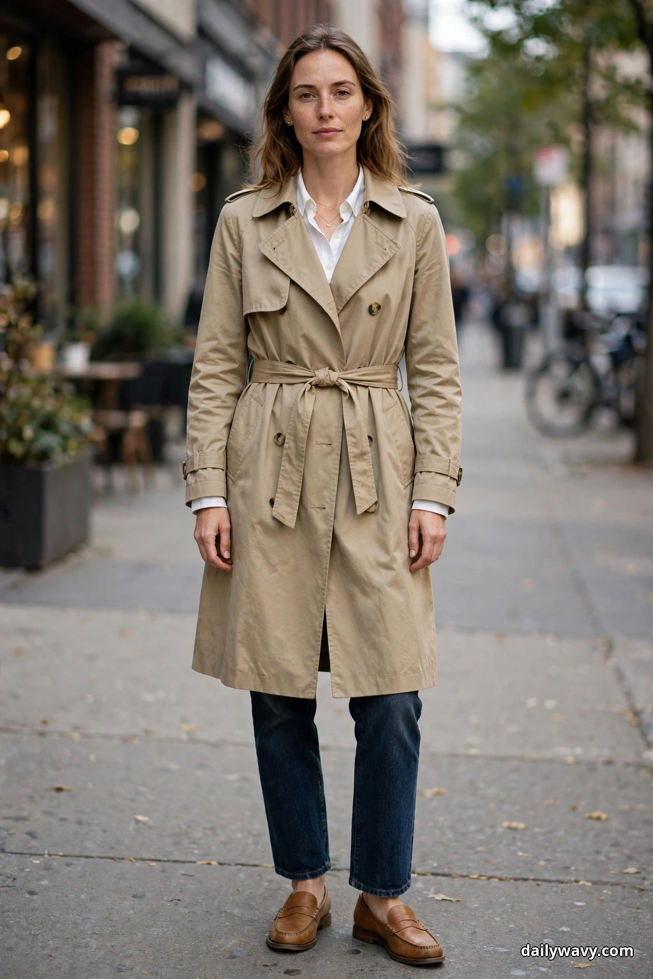 A woman stands full length on a city sidewalk wearing a belted khaki trench coat over a white collared button-up shirt, with dark straight jeans and tan loafers