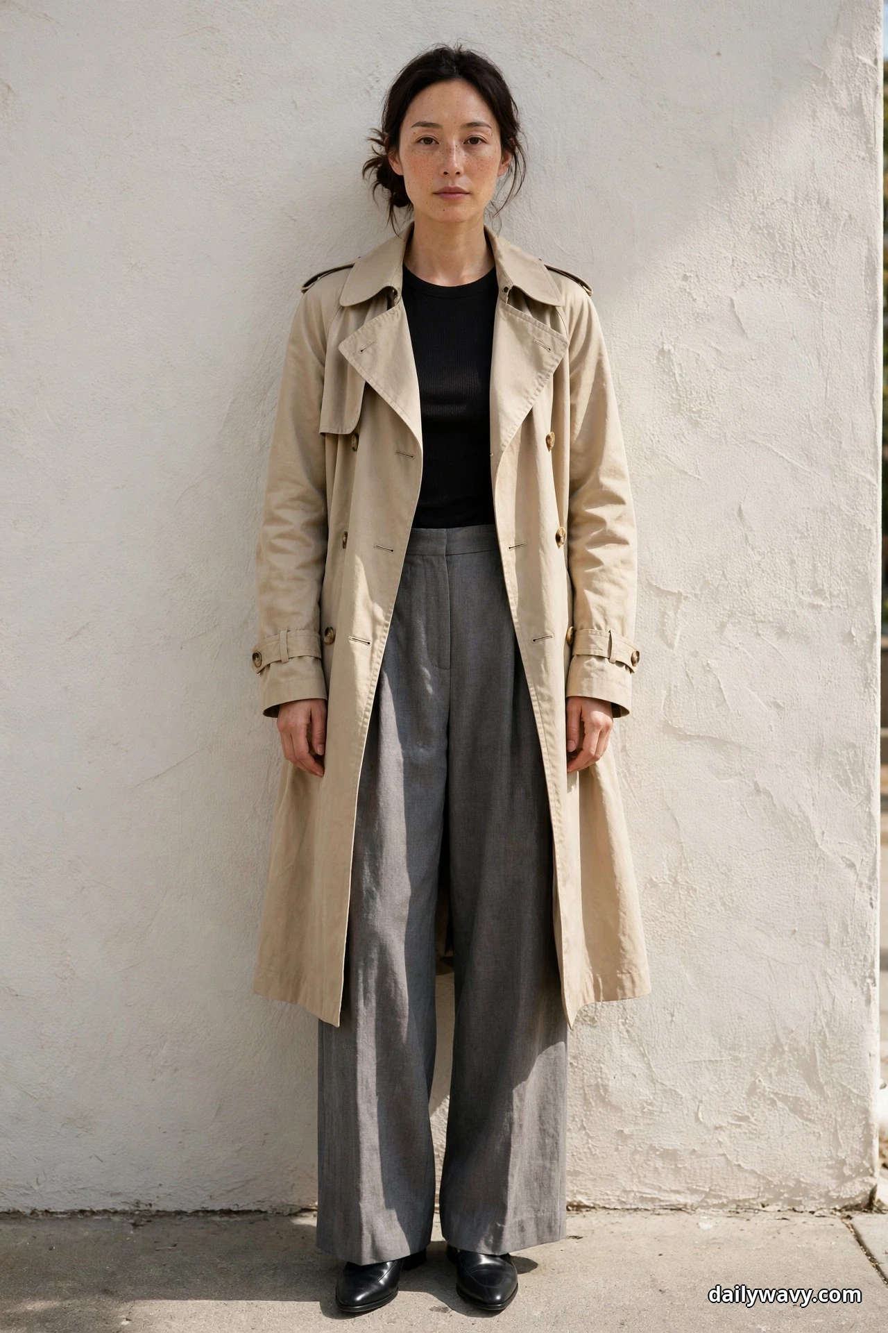 A woman stands full length against a plain textured wall wearing an open stone trench coat over a black fitted top, with gray wide-leg trousers and black loafers