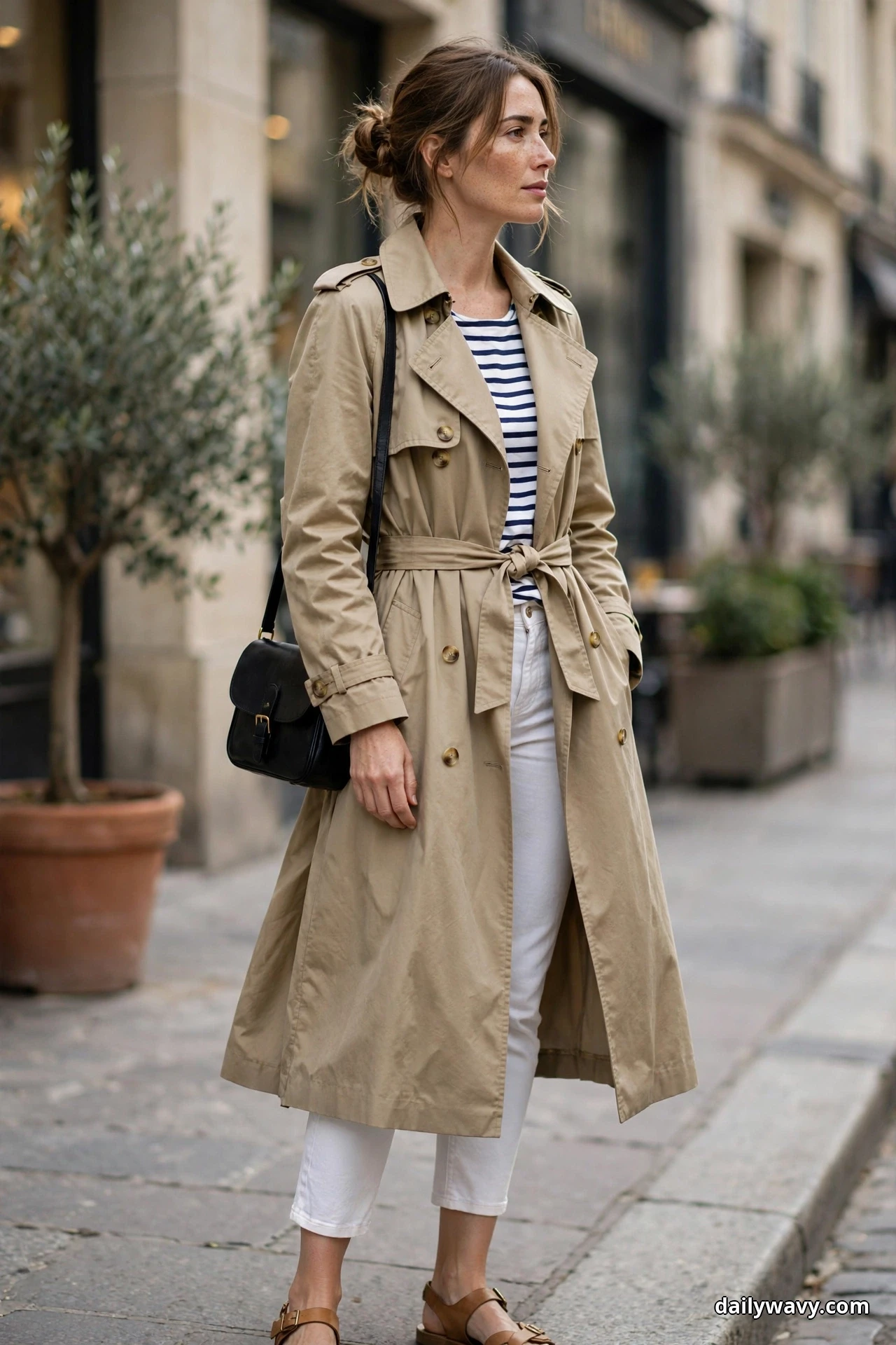A woman turns in a slight three-quarter pose on a city sidewalk wearing a belted khaki trench coat over a navy-and-white striped Breton top, with white cropped jeans, tan sandals and a compact black shoulder bag