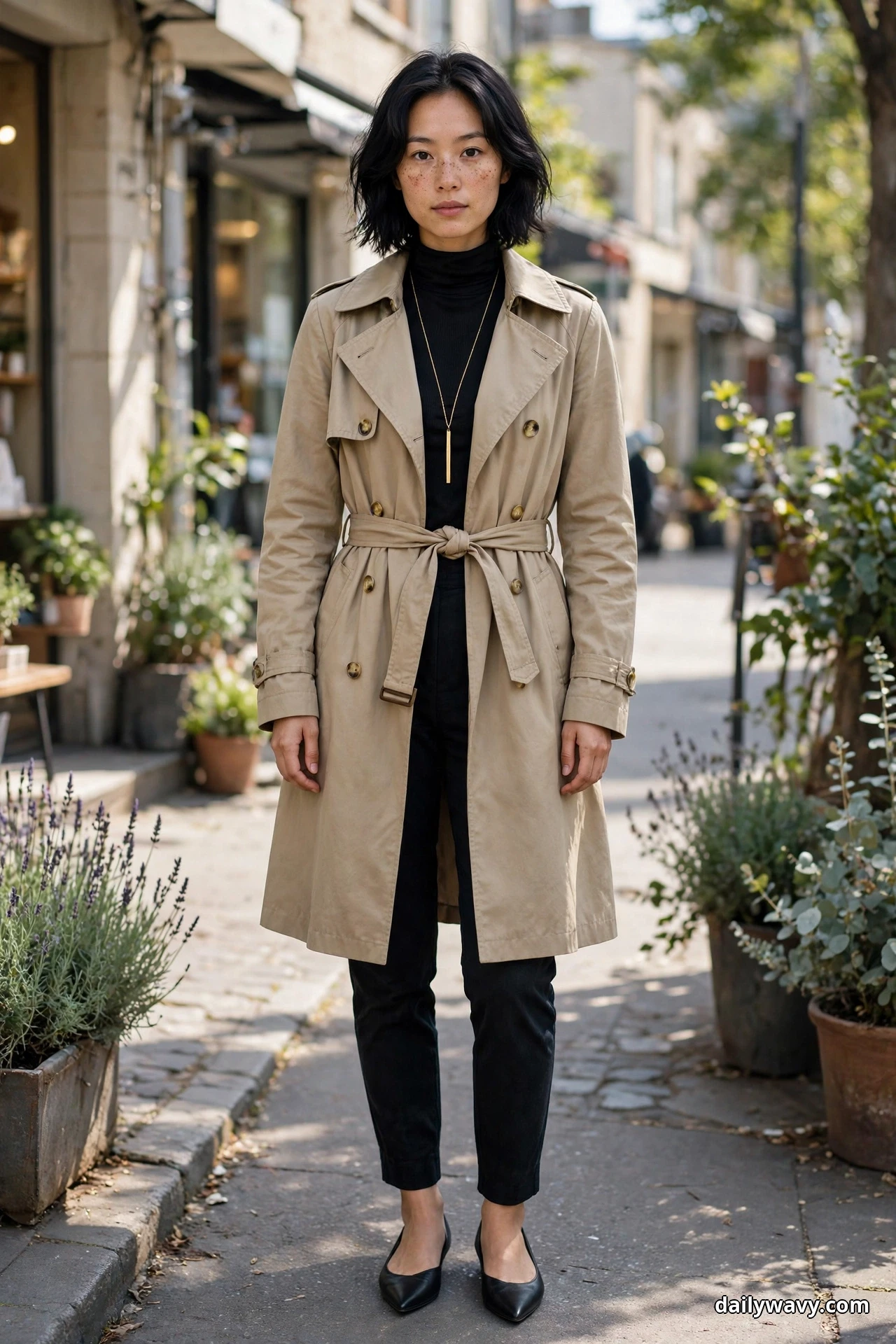 A woman stands full length on a plant-lined sidewalk wearing a belted khaki trench coat over a black high-neck top with a long gold pendant necklace, dark tapered trousers and black pointed flats
