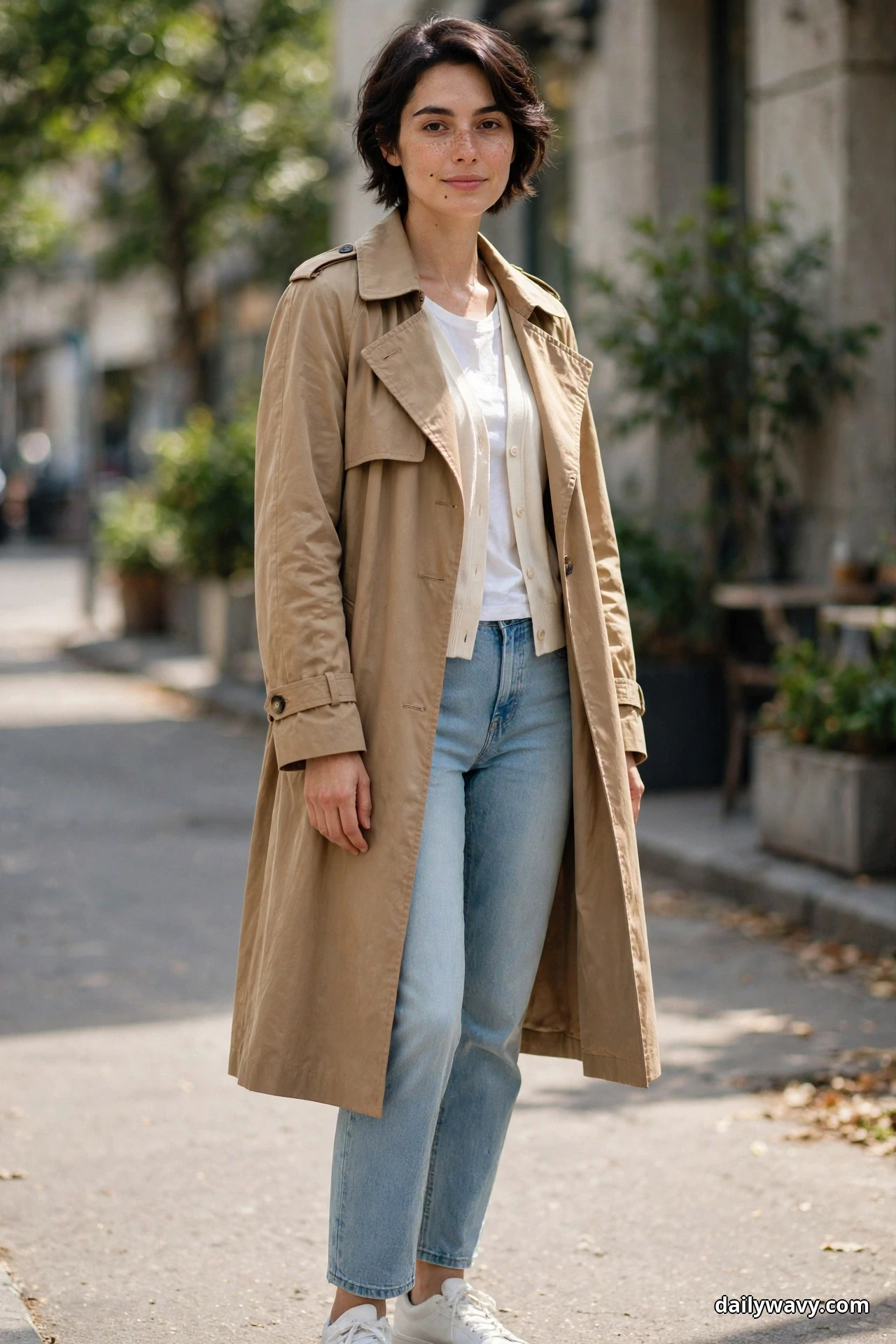 A woman stands in a three-quarter pose on a city street wearing an open camel trench coat over a short cream cardigan and a white tee, with light-wash straight jeans and white sneakers