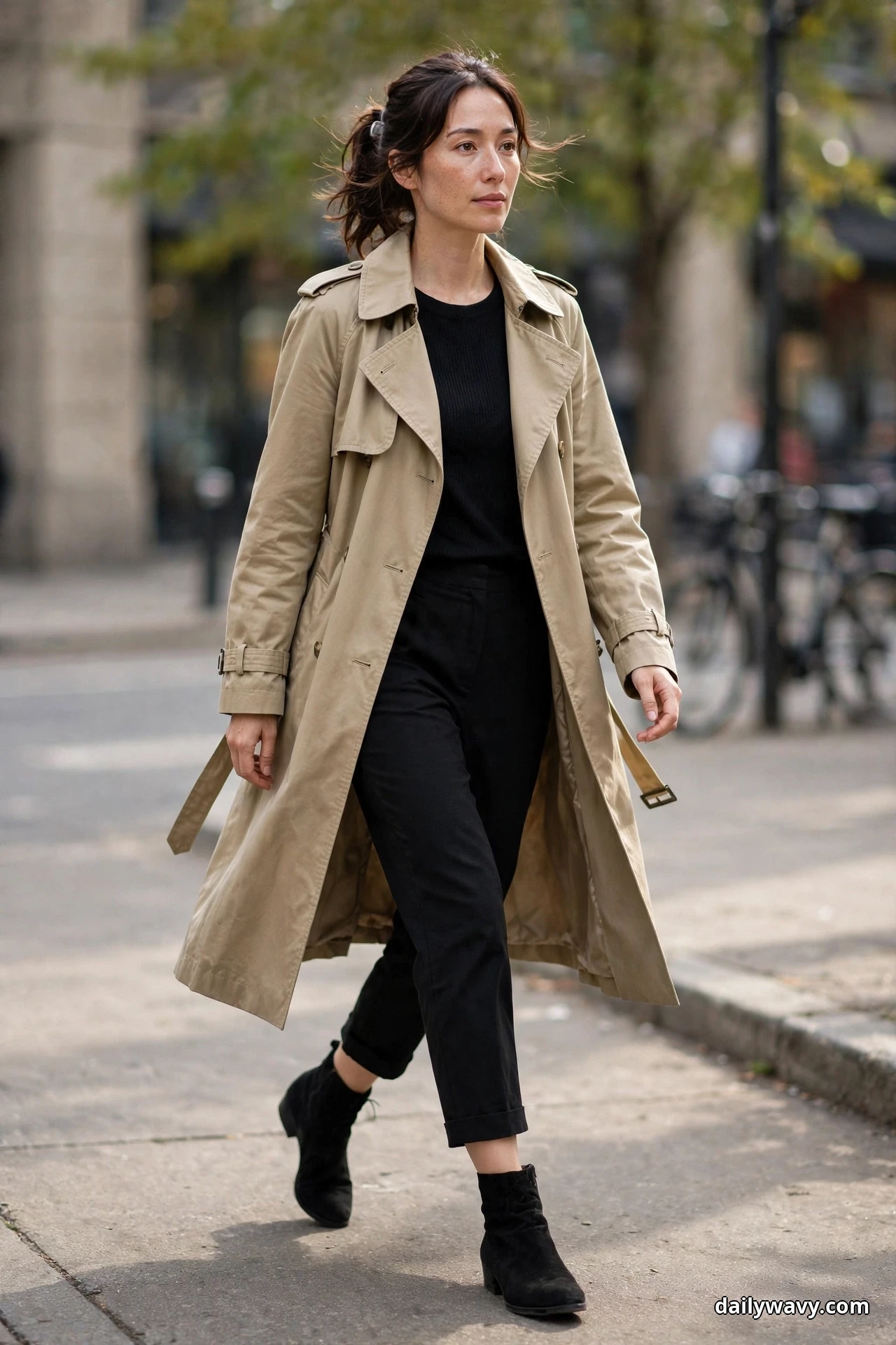 A woman walks along a city sidewalk wearing an open khaki trench coat over an all-black outfit of a black knit top, black cropped trousers and black suede ankle boots