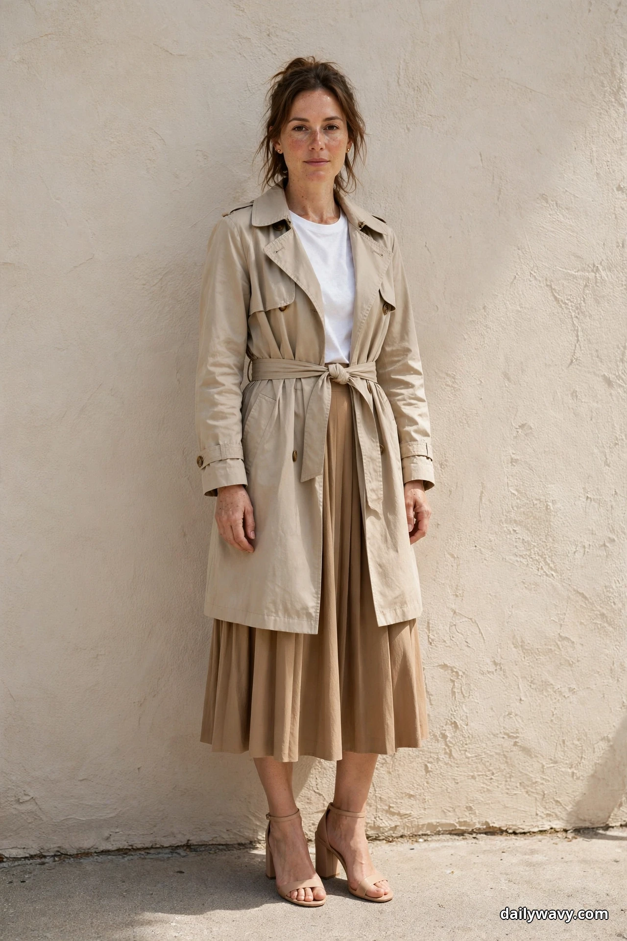 A woman stands full length against a plain textured wall wearing a belted stone trench coat over a white tee and a camel pleated midi skirt, with nude block-heel sandals