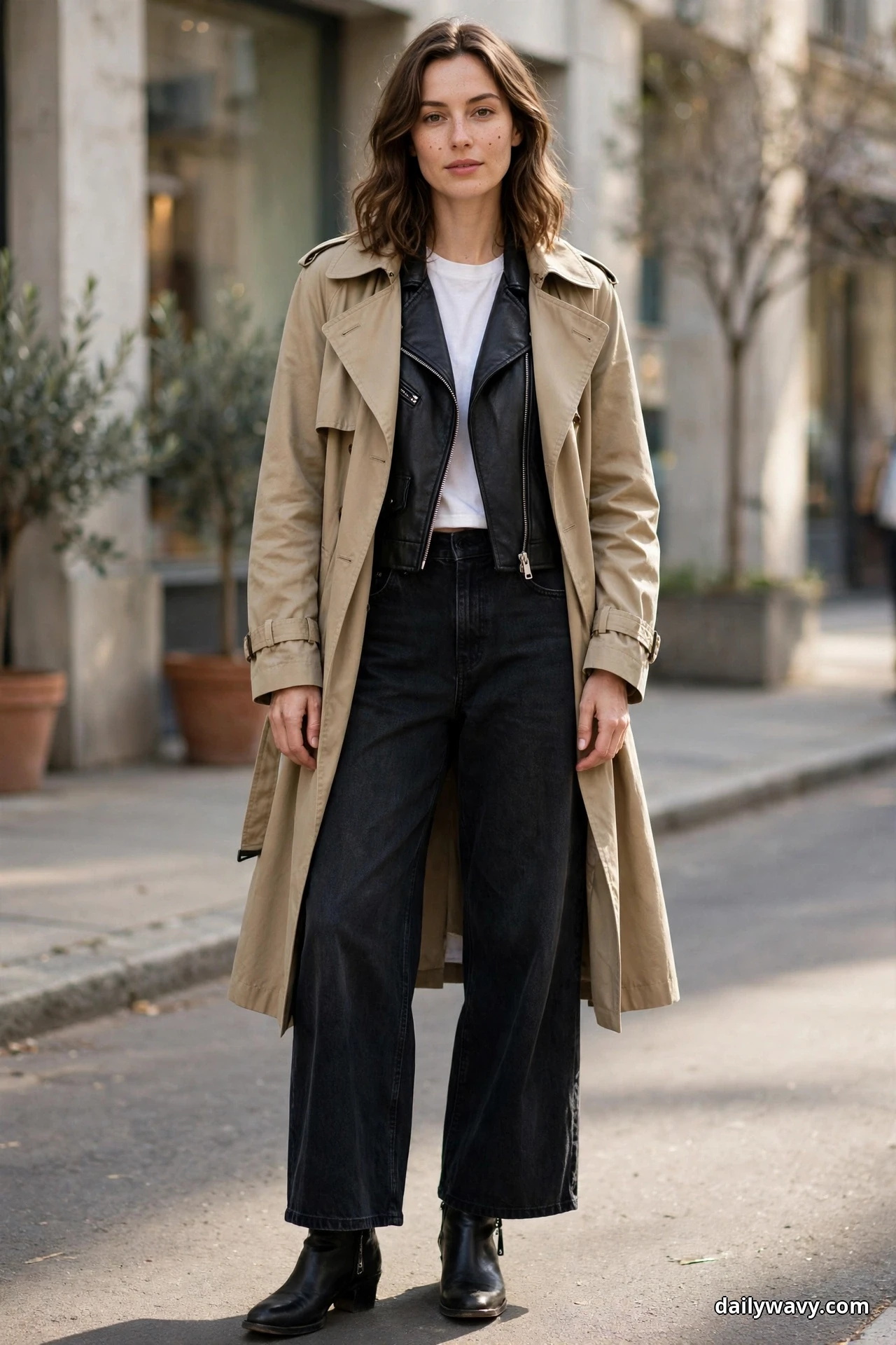 A woman stands full length on a city street wearing an open khaki trench coat over a cropped black leather moto jacket and a white tee, with dark wide-leg jeans and black ankle boots