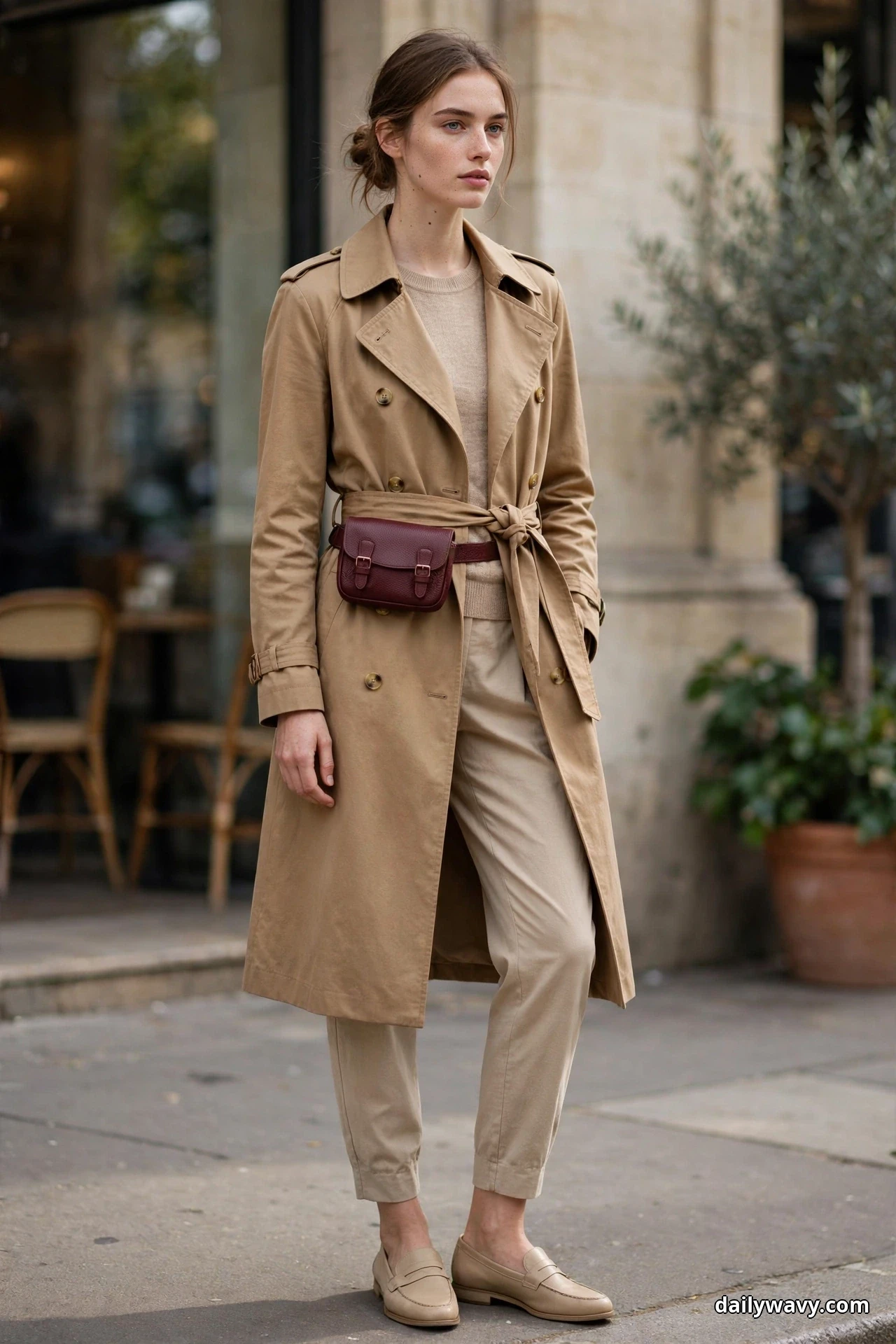 A woman stands in a three-quarter pose on a city sidewalk wearing a belted camel trench coat over a beige knit top and beige tapered trousers, with beige loafers and a burgundy belt bag at her waist