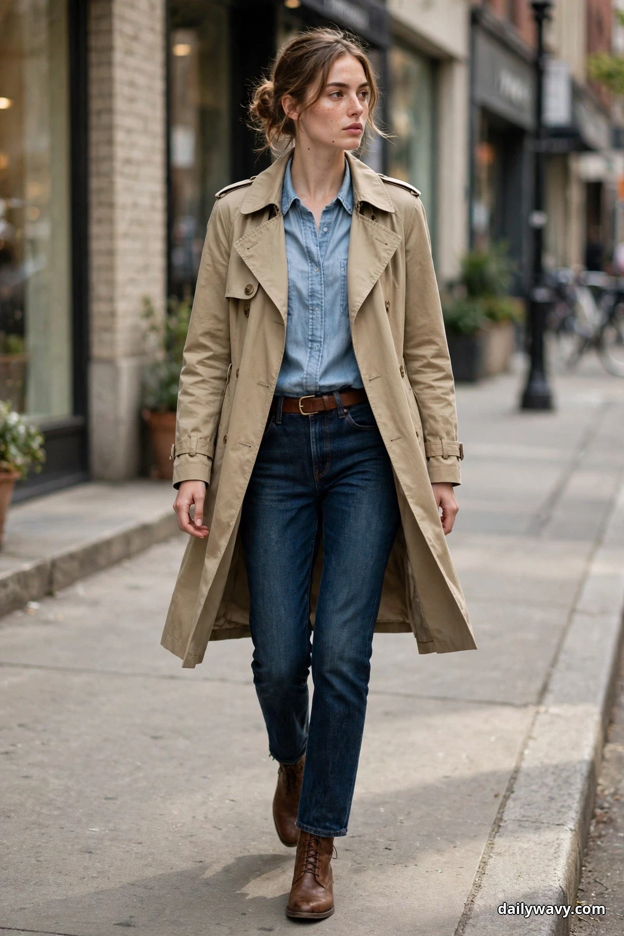 A woman walks along a city sidewalk wearing an open khaki trench coat over a chambray shirt tucked into dark straight jeans with a slim brown belt, and brown ankle boots