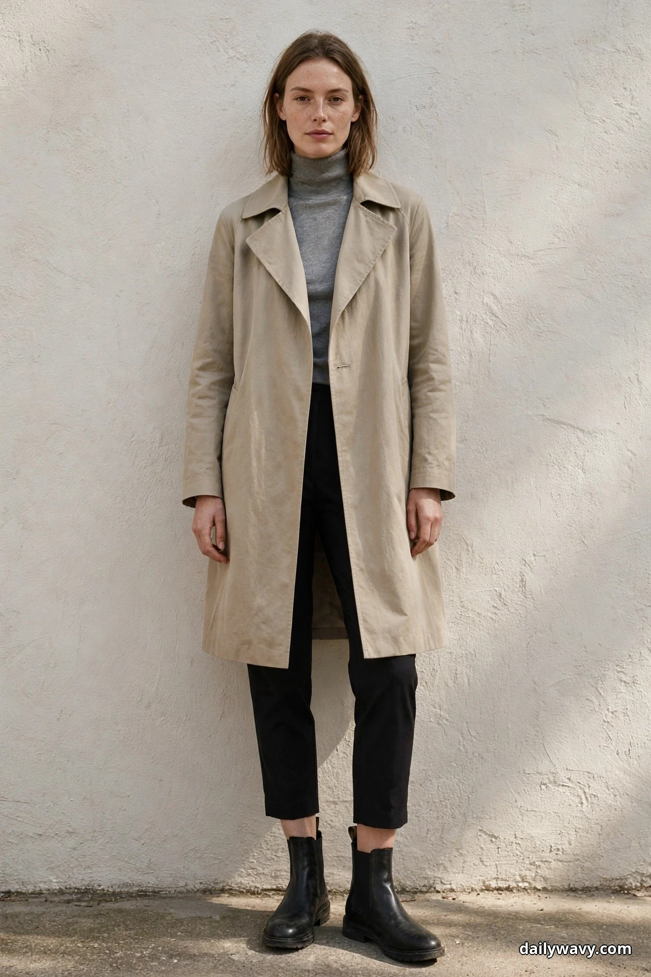 A woman stands full length against a plain textured wall wearing a straight-cut stone trench coat over a gray turtleneck, with black cropped trousers and black Chelsea boots