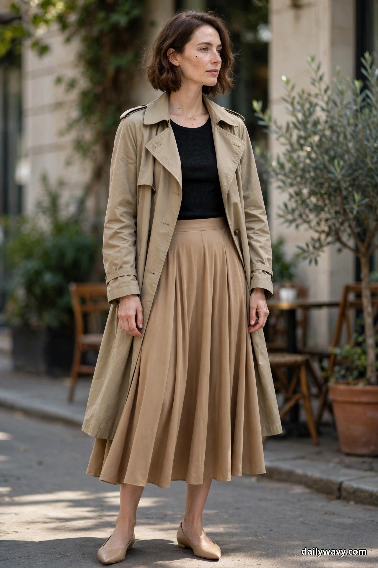 A woman turns in a slight three-quarter pose on a city street wearing an open khaki trench coat over a fitted black ribbed top and a flowing camel midi skirt, with nude pointed flats