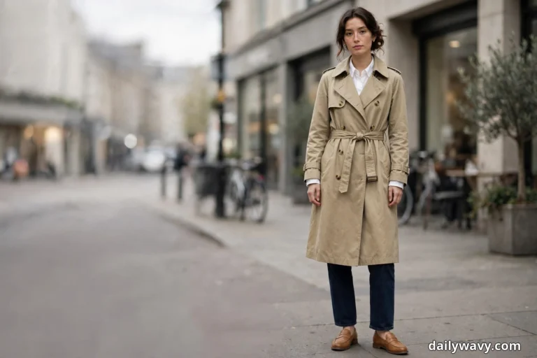 A woman stands full length on a city street wearing a belted khaki double-breasted trench coat over a white collared shirt, with dark straight jeans and tan loafers
