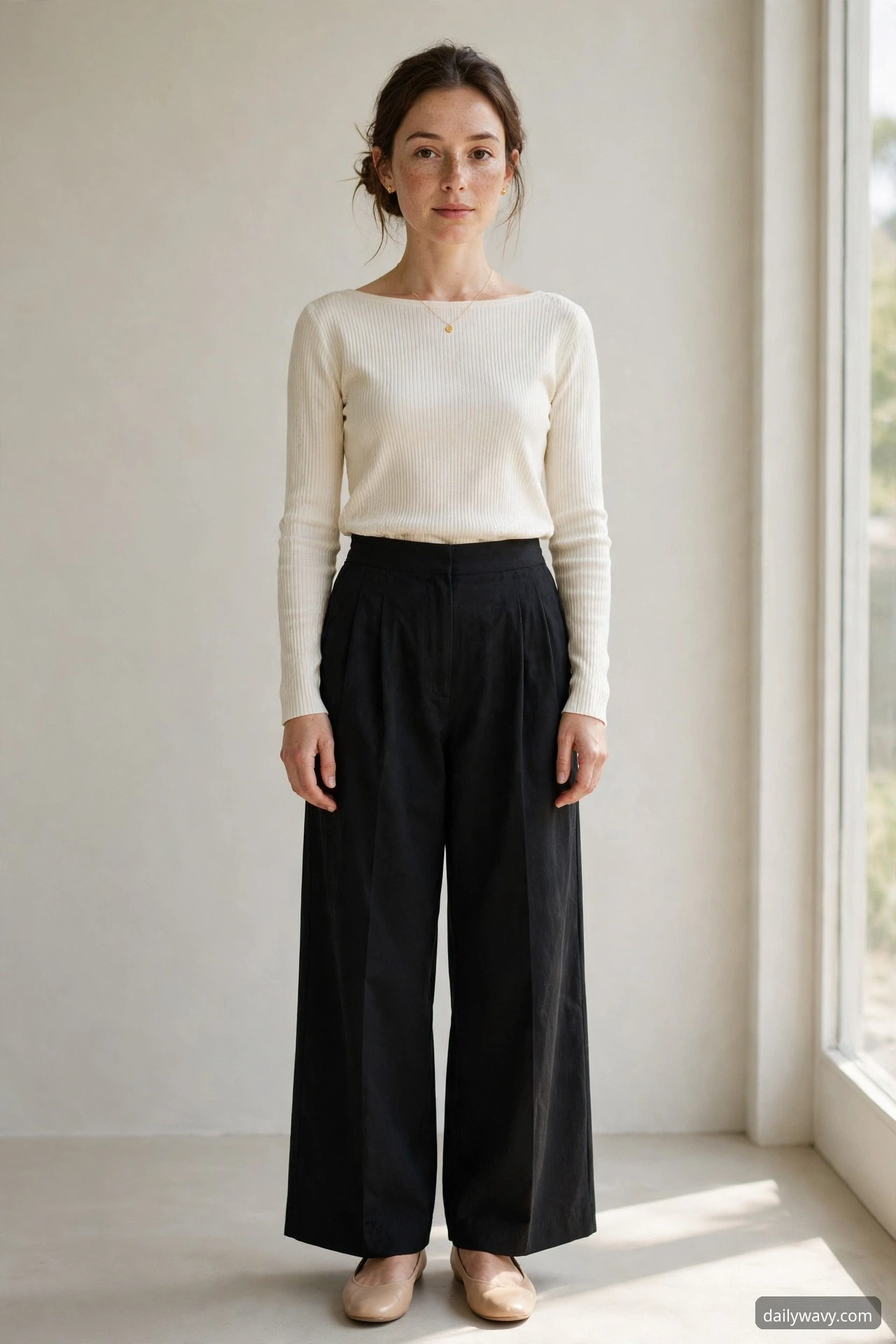 A petite model in a clean vertical line outfit with wide-leg pants