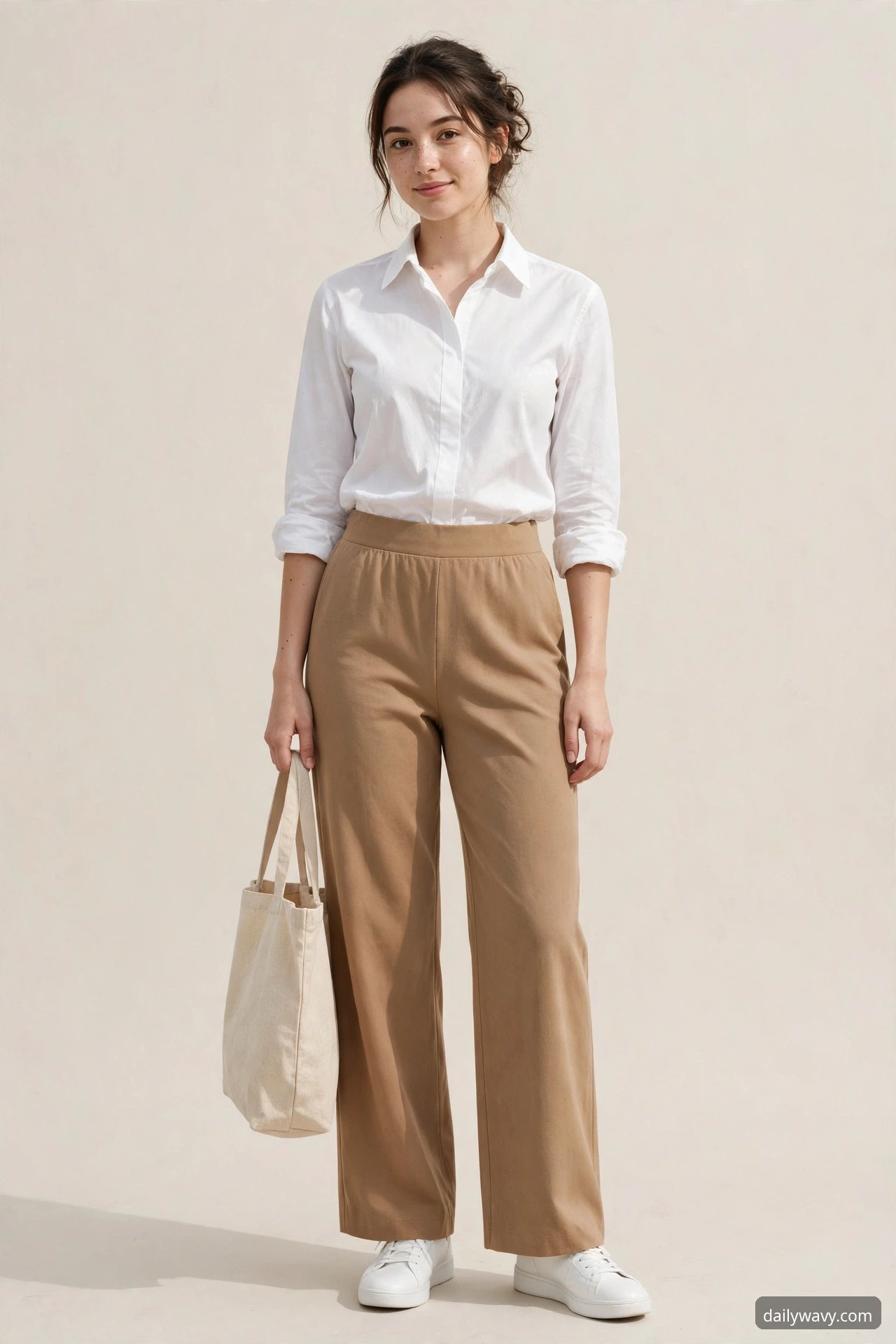 A petite model wearing wide-leg pants with a defined waist and plain shoes