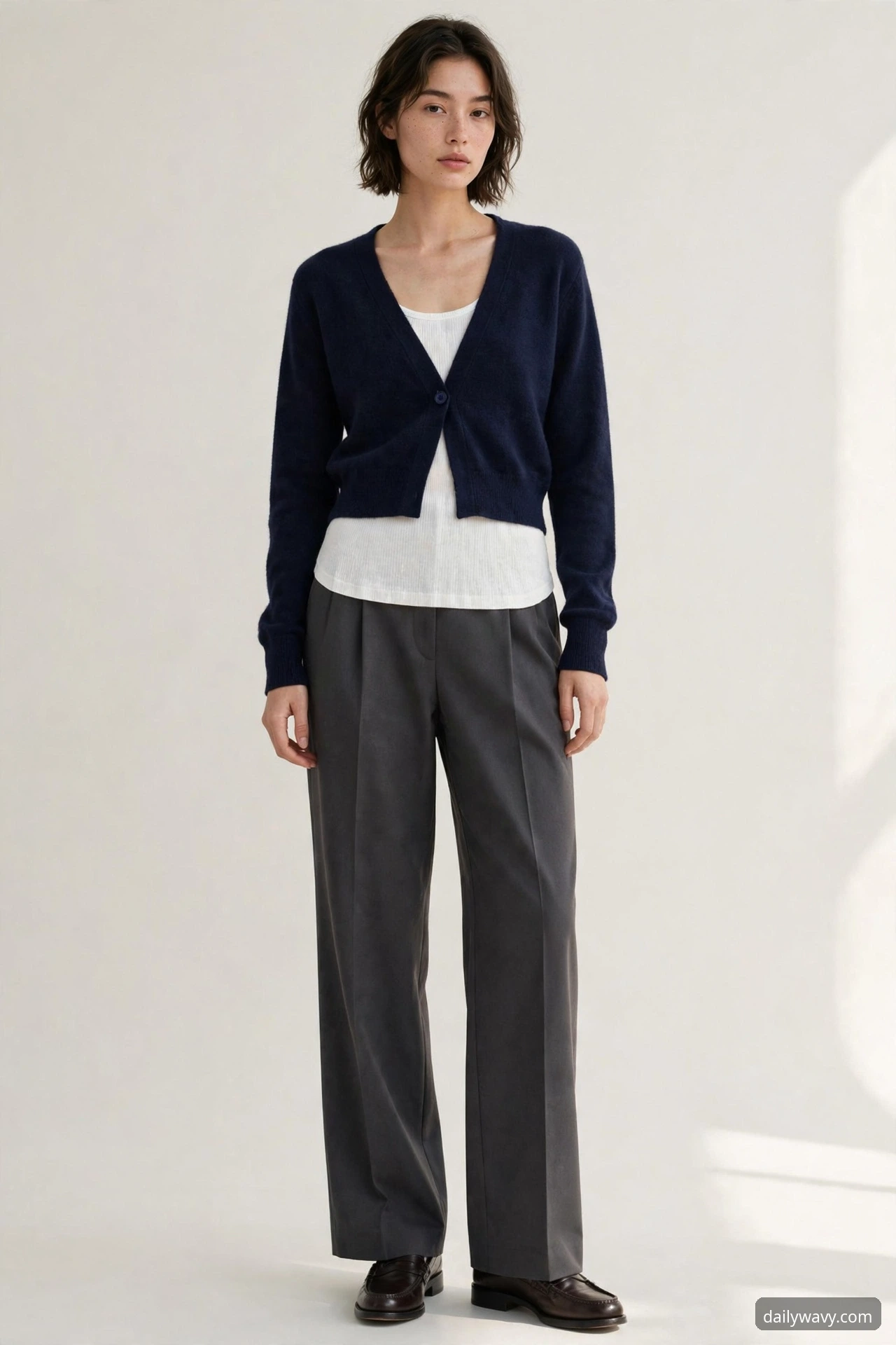A petite model in a short cropped layer over wide-leg pants