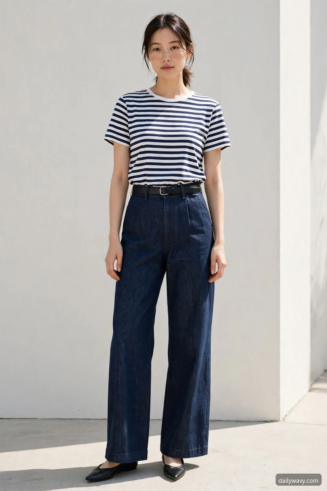 A petite model with a tucked Breton top and slim belt with wide-leg pants