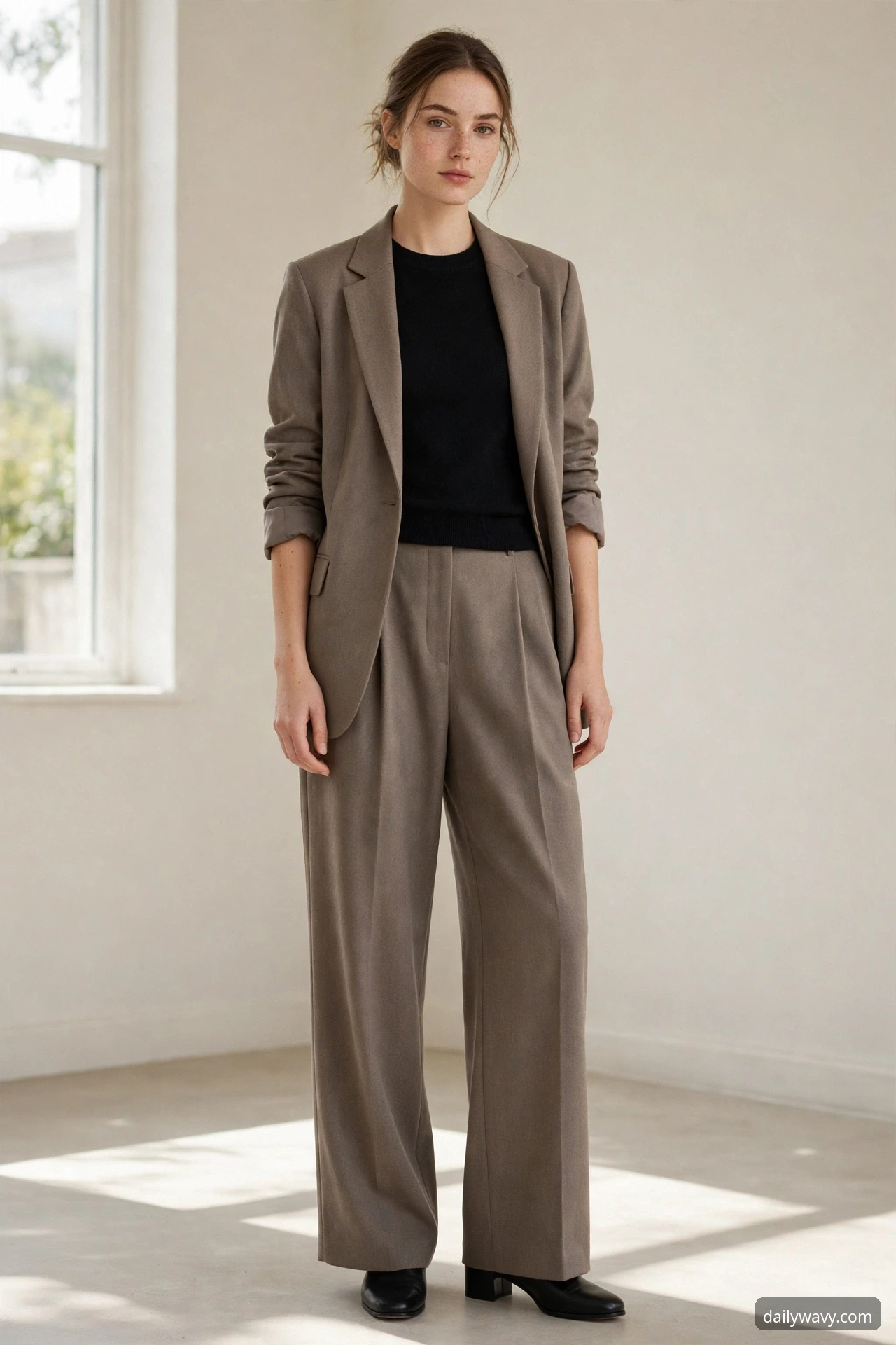 A petite model in a straight blazer with balanced sleeves over wide-leg pants