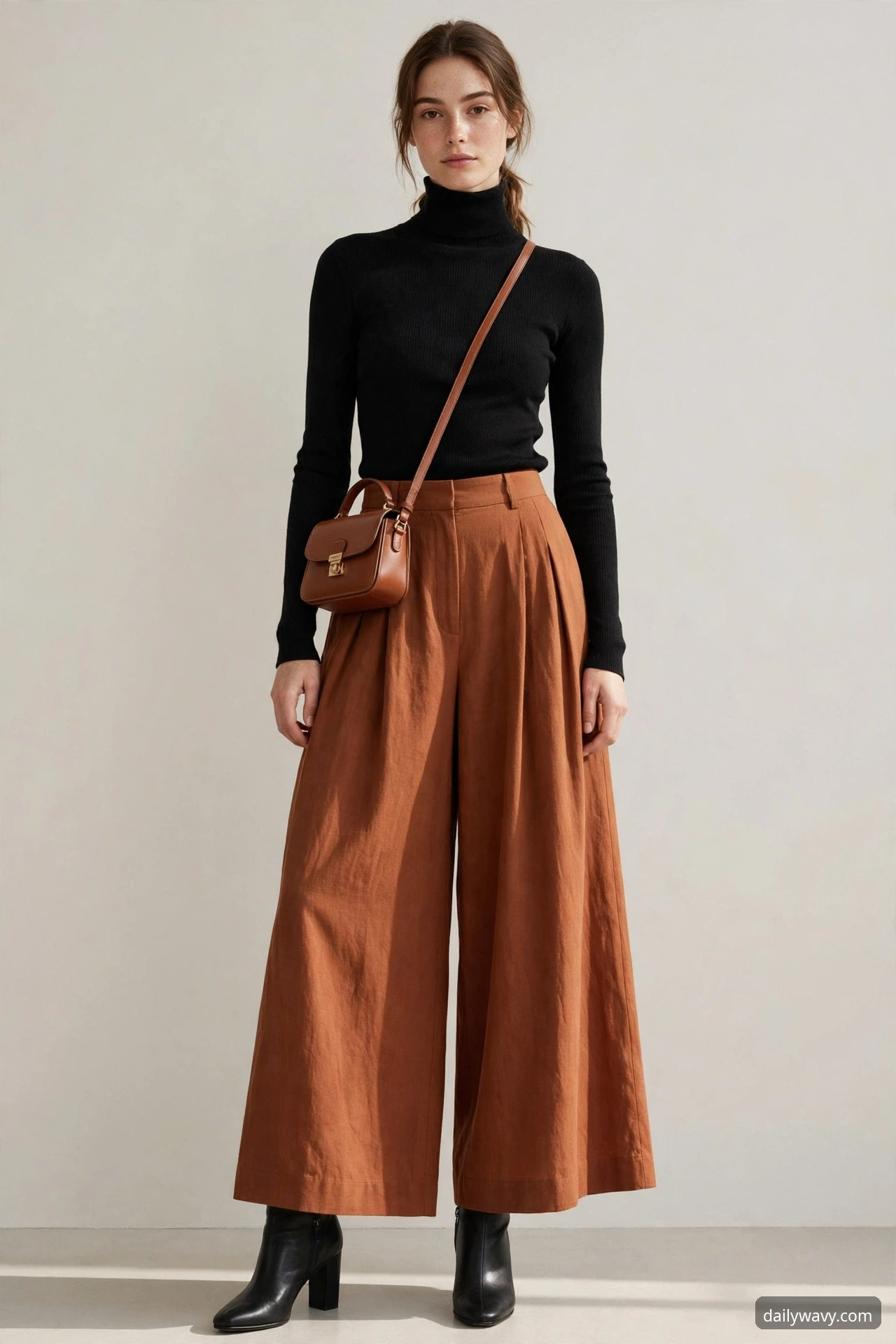 A petite model in a fitted turtleneck with voluminous wide-leg pants