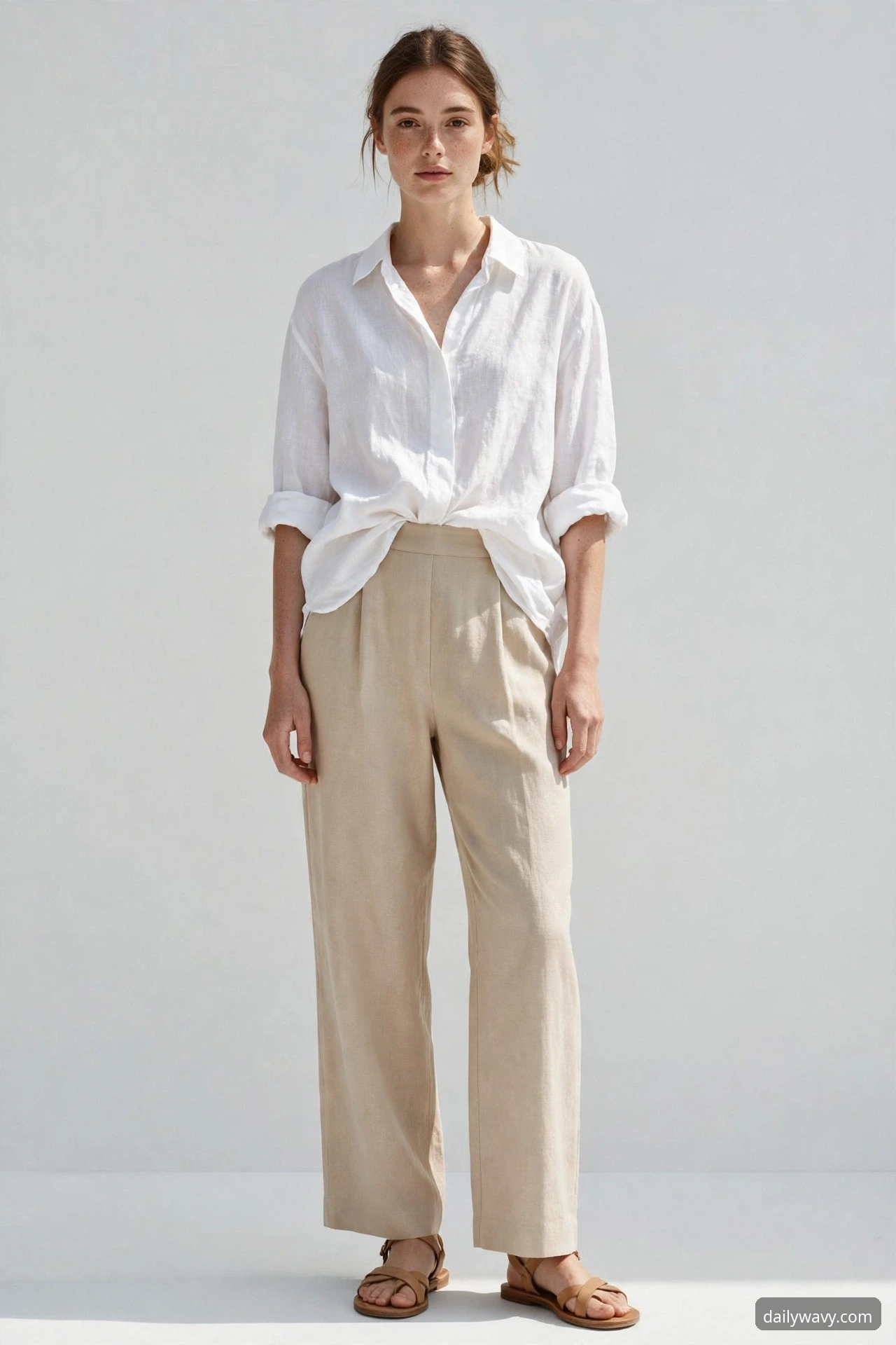 A petite model in a relaxed linen shirt with slim wide-leg pants