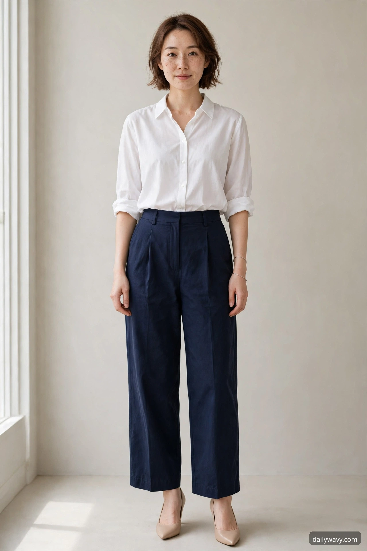 A petite model in navy wide-leg pants with low-contrast shoes