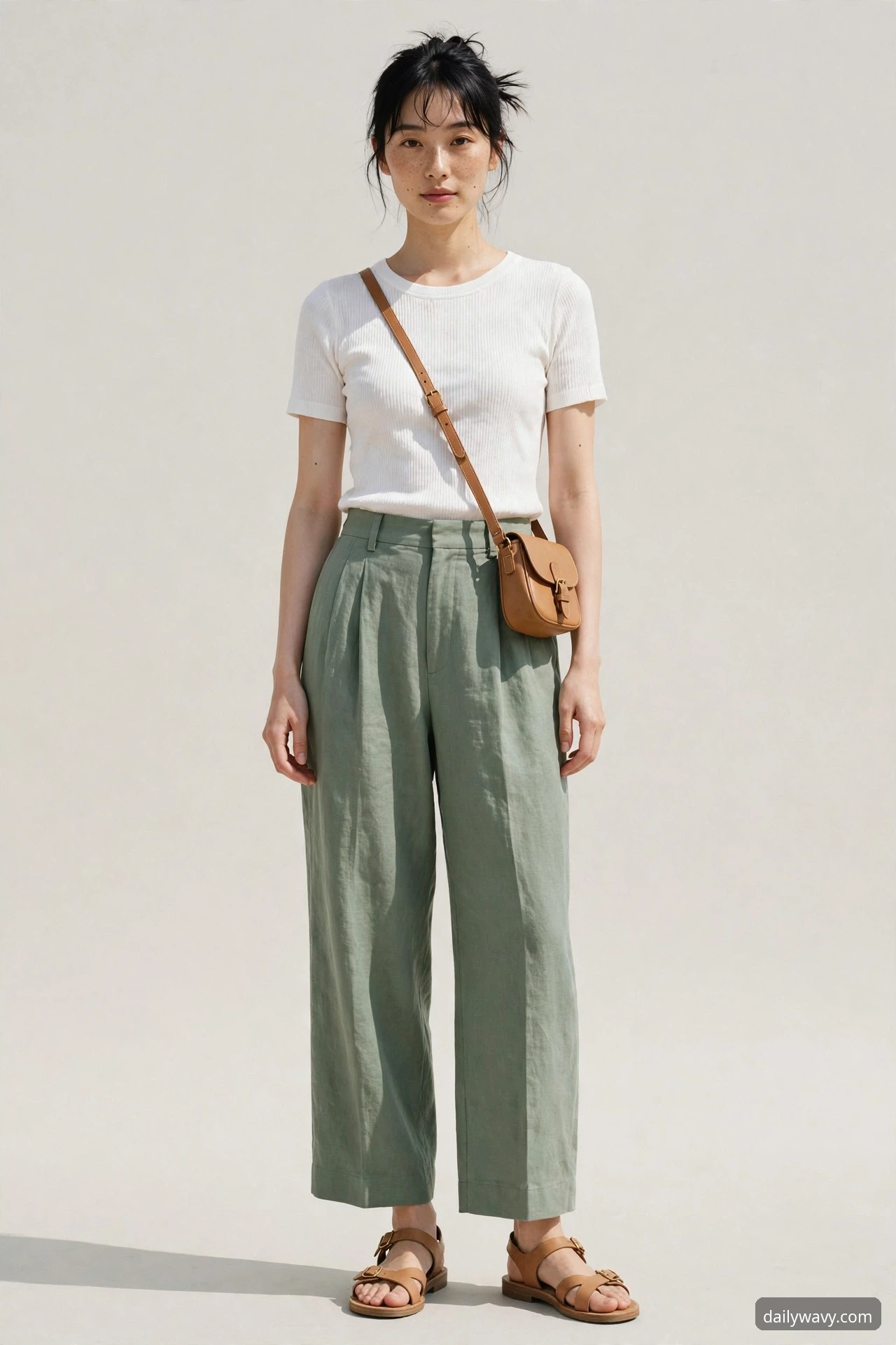 A petite model with matching bag and shoe color with wide-leg pants