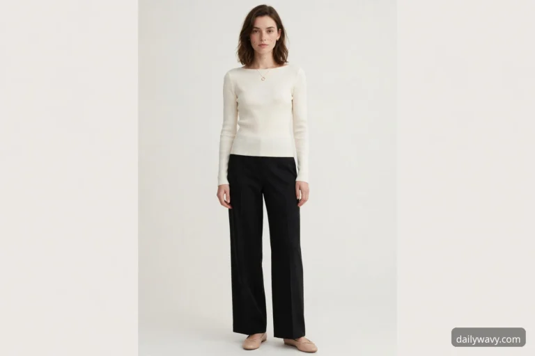 Petite wide-leg pants outfit in a clean vertical line with simple accessories
