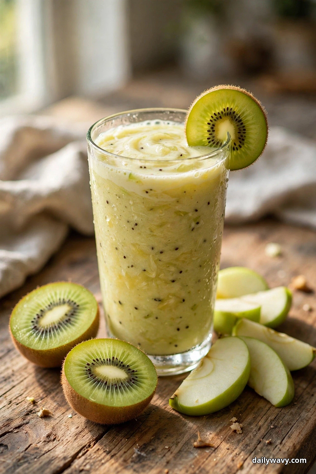 Seen up close, a tall glass of pale green pineapple smoothie flecked with kiwi seeds is garnished with a kiwi wheel on the rim, with halved kiwis and green apple slices on the rustic wooden table around it