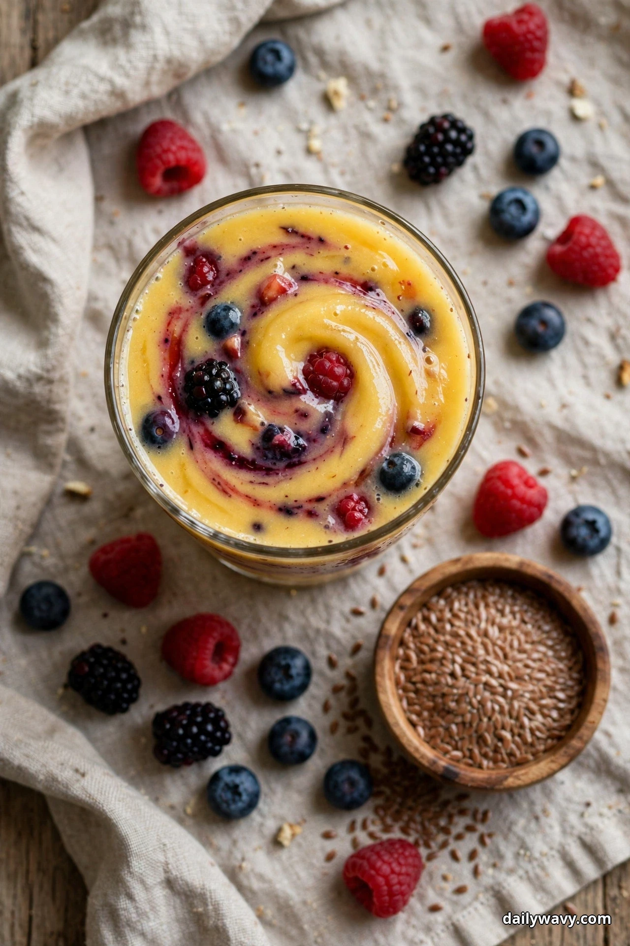 Seen from above, a glass of golden pineapple smoothie swirled with berry puree and topped with raspberries, blueberries and a blackberry sits on linen among scattered berries and a small wooden bowl of flaxseed