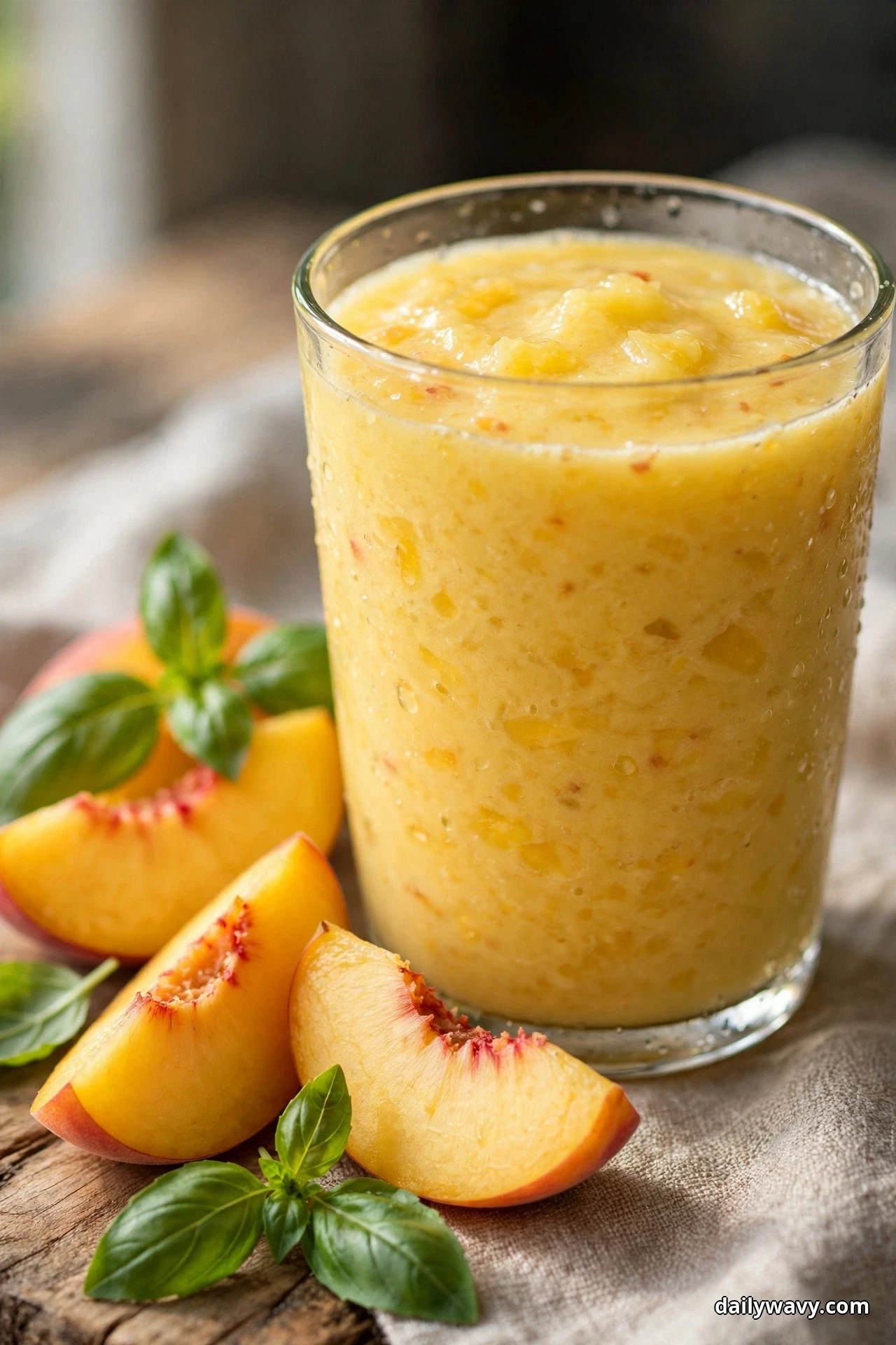 A tall glass of thick golden pineapple peach smoothie stands on linen with fresh peach wedges and basil leaves arranged beside it
