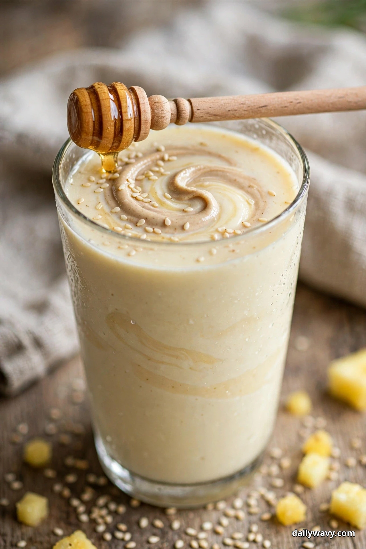 A glass of creamy beige pineapple smoothie with a tahini swirl on top receives a drizzle of honey from a wooden dipper, with pineapple chunks scattered on the wooden table around it
