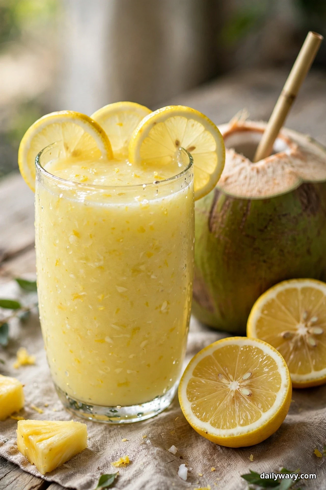 A tall glass of pale yellow pineapple lemon smoothie with lemon wheels on its rim stands beside halved lemons and an opened young coconut with a straw, with pineapple chunks in front