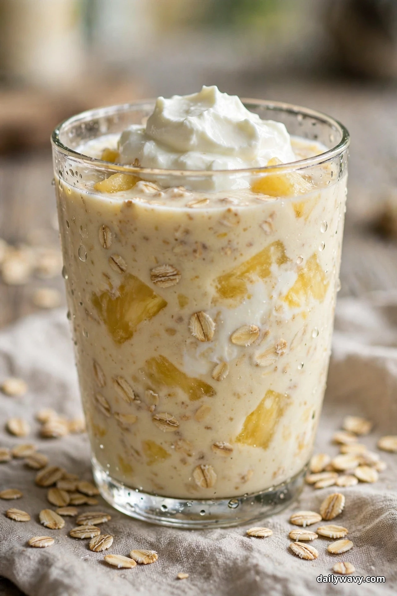 A glass of thick creamy pineapple oat smoothie with visible oat flakes and pineapple chunks is topped with a dollop of yogurt, with rolled oats scattered on the linen around it