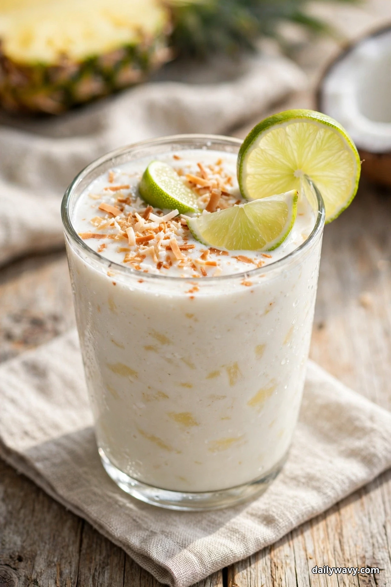 A glass of white pineapple coconut smoothie topped with toasted coconut flakes and lime wedges has a lime wheel on its rim and rests on a linen napkin, with a pineapple half blurred behind it