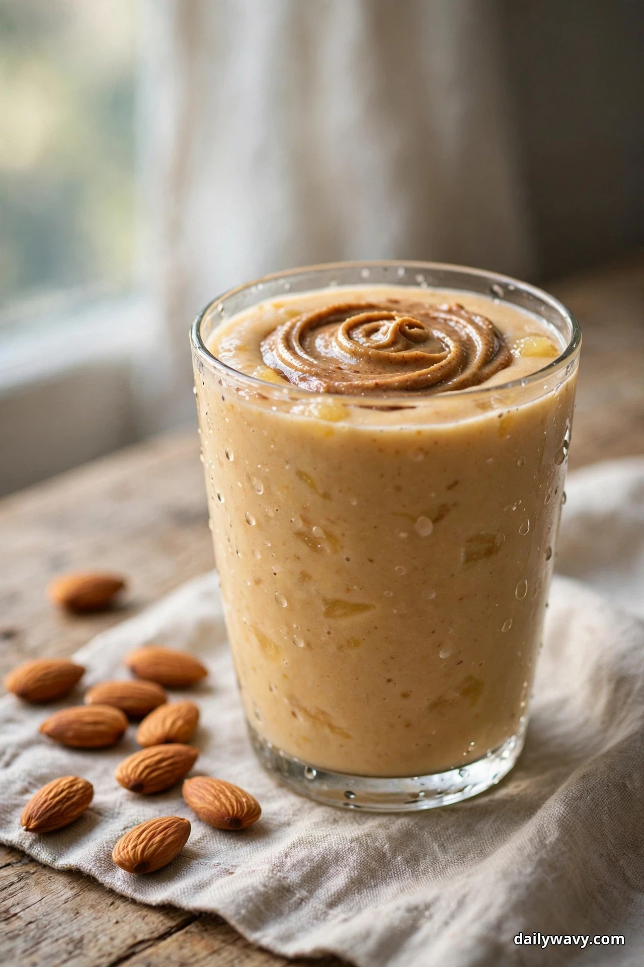 A glass of thick tan pineapple almond butter smoothie with a dark almond butter swirl on top stands on linen with whole almonds scattered beside it