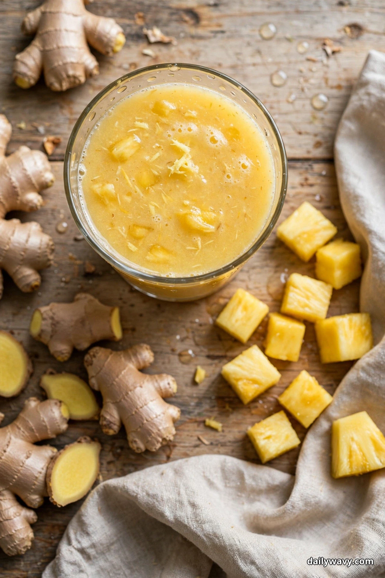 Seen from above, a glass of golden pineapple ginger smoothie sits on a rustic wooden table surrounded by fresh ginger roots, ginger slices and pineapple cubes