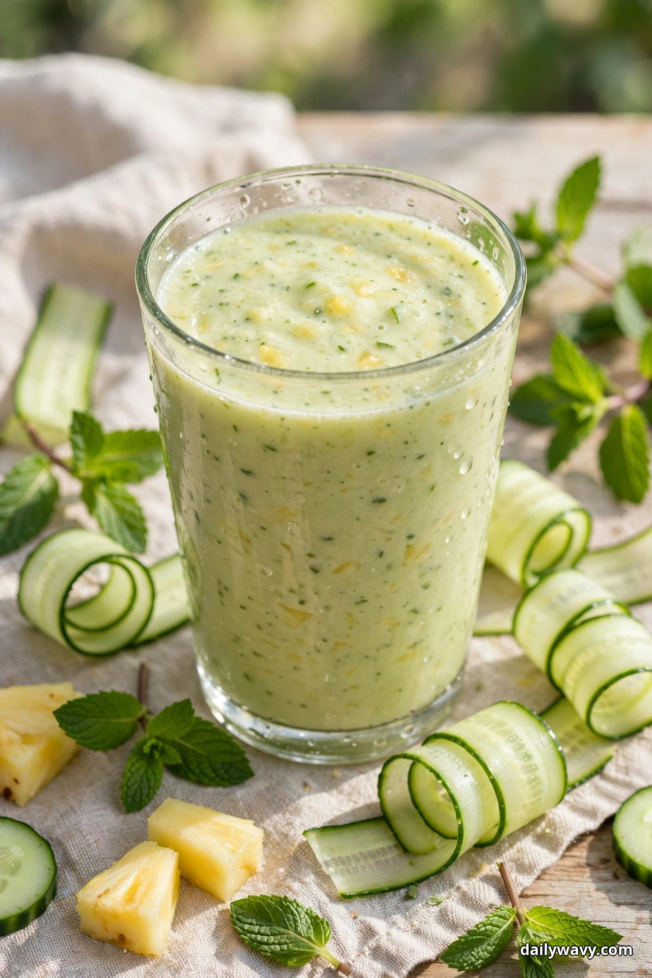 A glass of pale green pineapple cucumber smoothie flecked with mint stands on linen surrounded by curled cucumber ribbons, mint sprigs and pineapple chunks