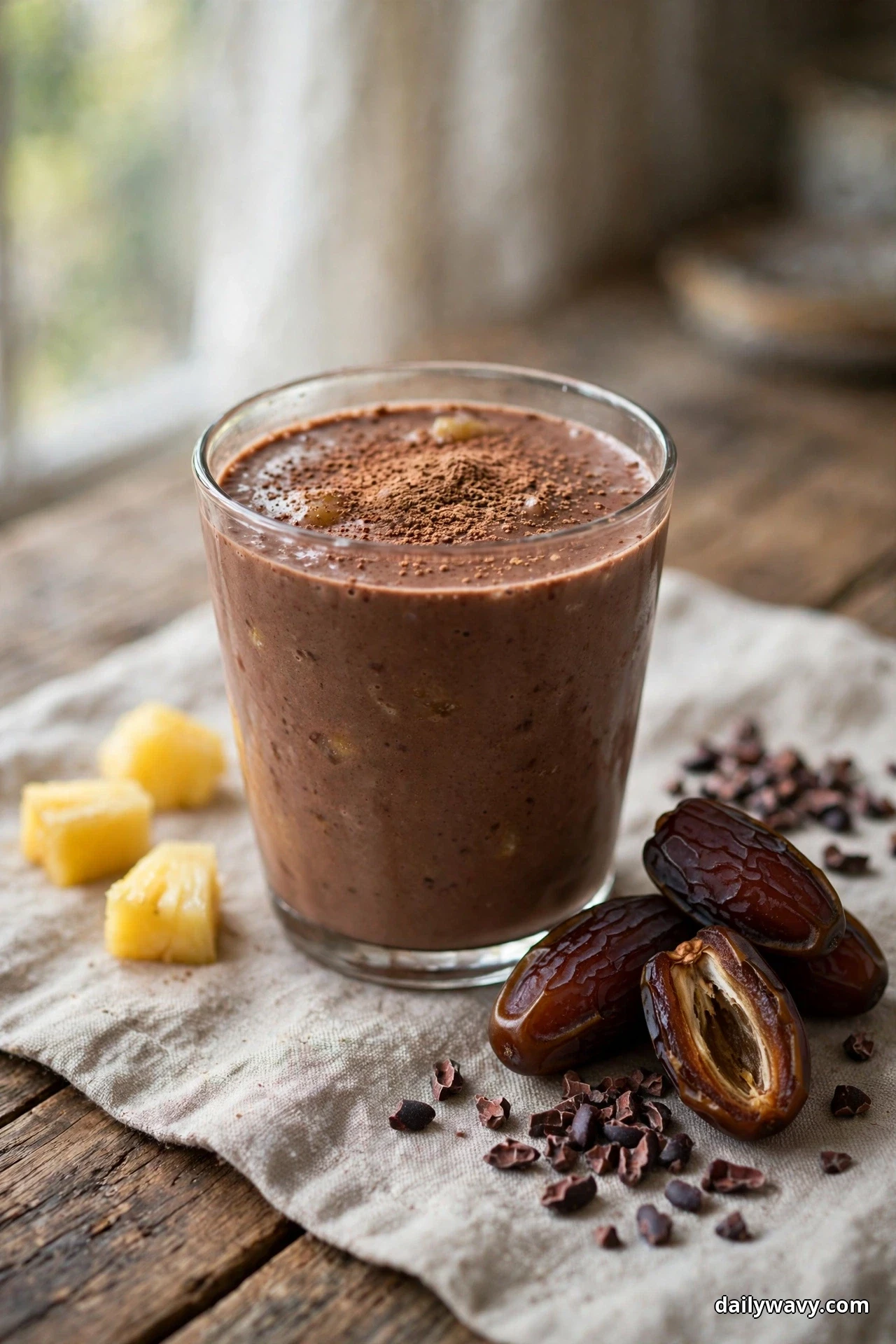 A glass of chocolate brown pineapple smoothie dusted with cocoa powder stands on linen beside whole and halved Medjool dates and pineapple chunks