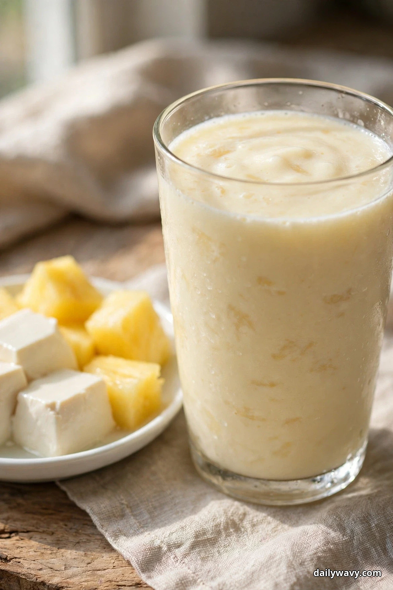 A tall glass of pale creamy pineapple tofu smoothie stands on linen beside a small plate holding cubes of silken tofu and pineapple chunks